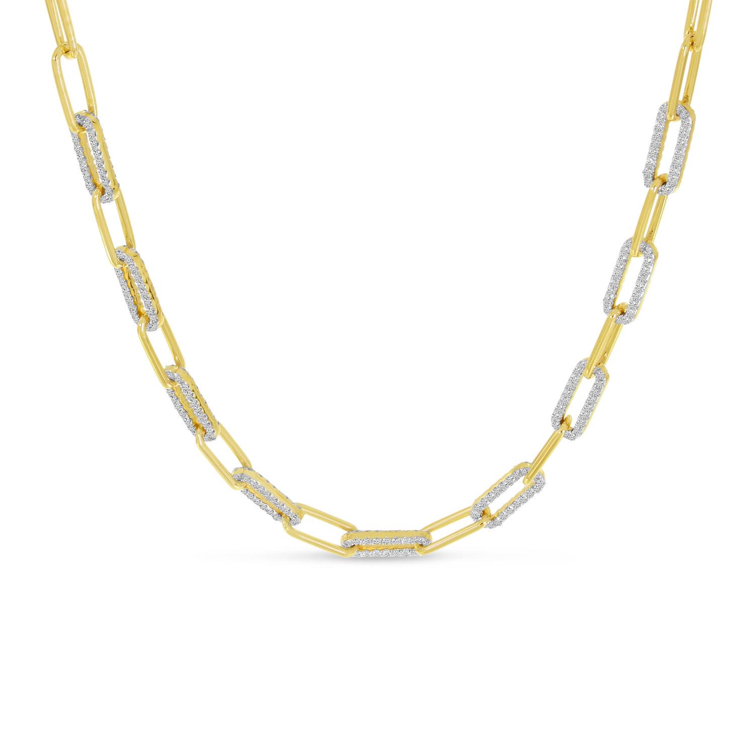 14K Yellow Gold Alternating Diamond Link Paper Clip Necklace