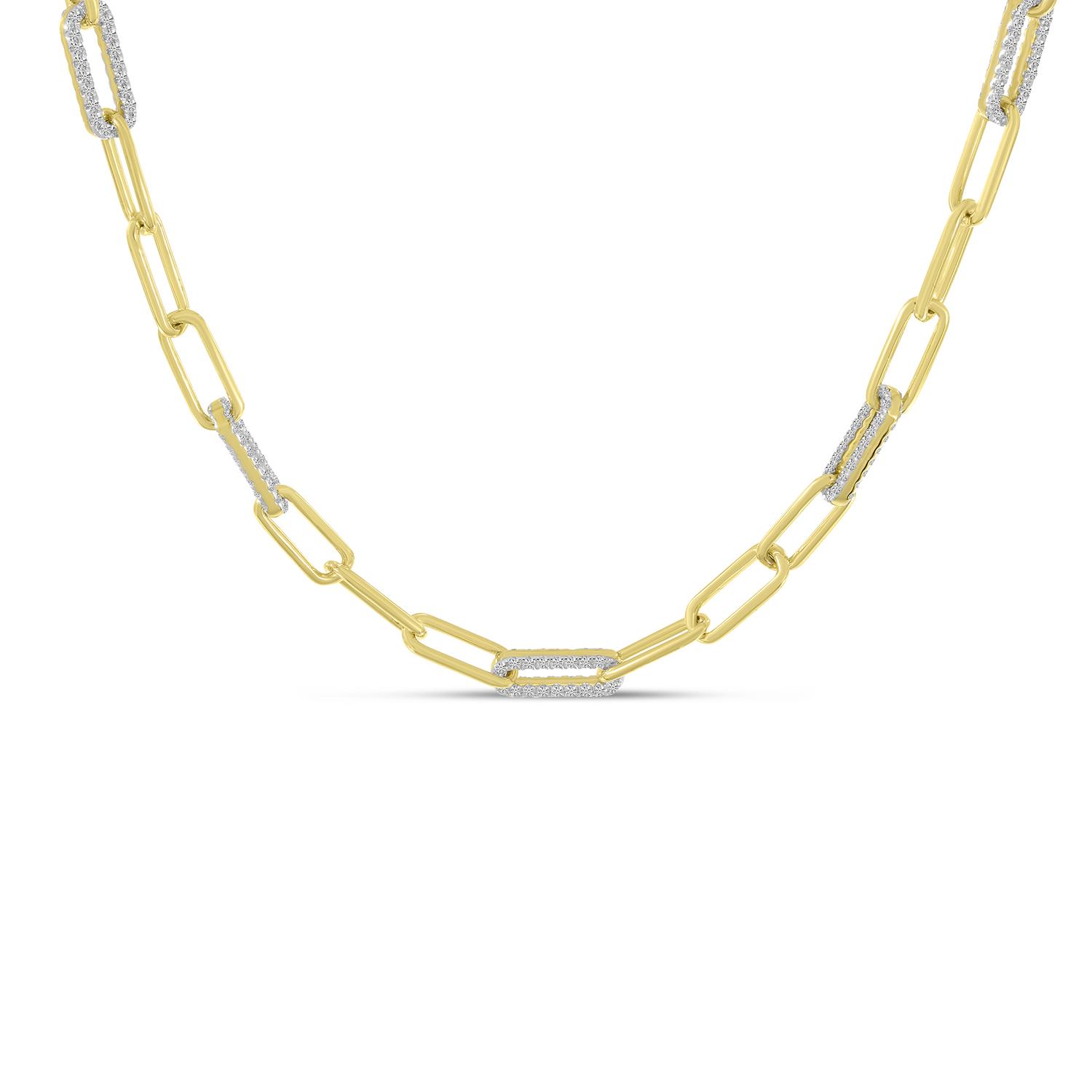 14K Yellow Gold Alternating Diamond Link Paper Clip Necklace