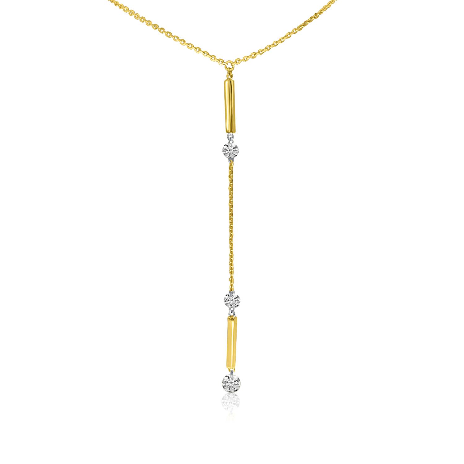 14K Yellow Gold Dangling Bar Pierced Diamond Fashion Necklace