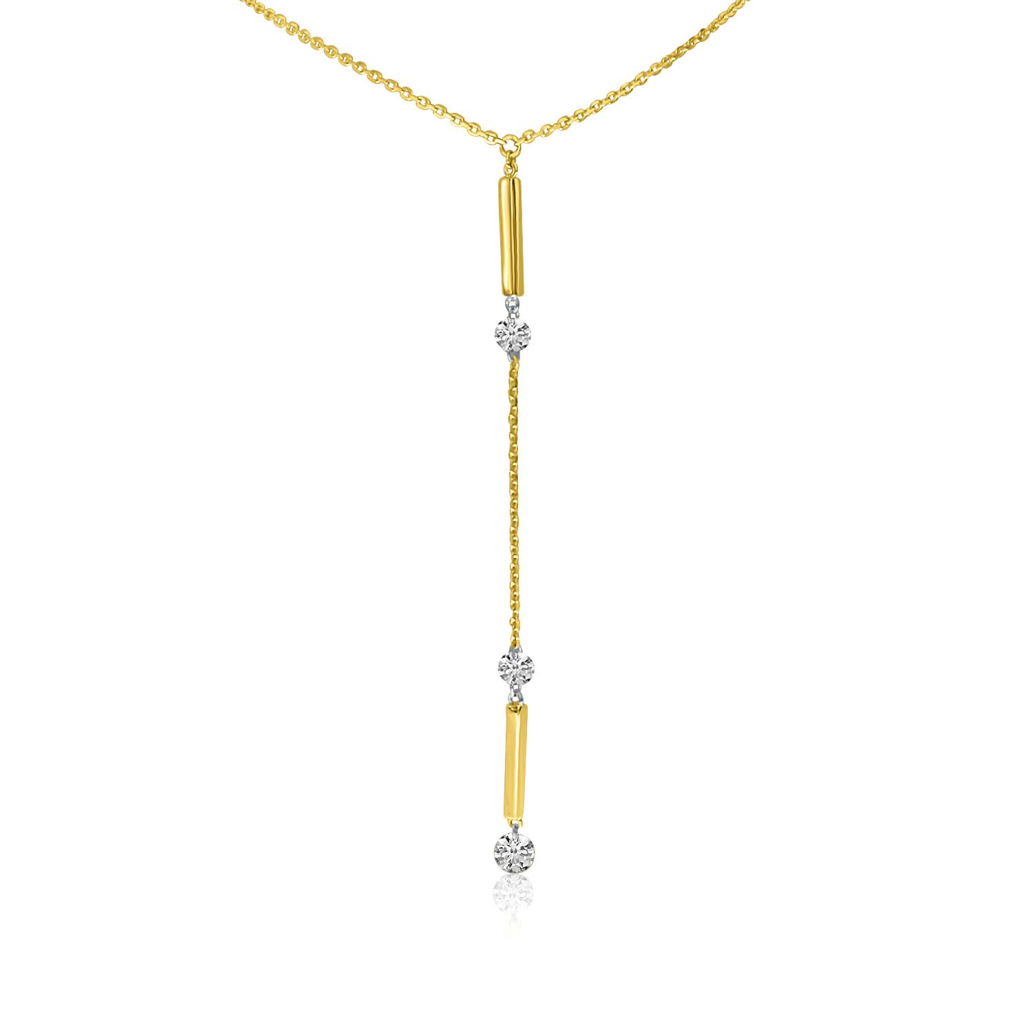 14K Yellow Gold Dangling Bar Pierced Diamond Fashion Necklace