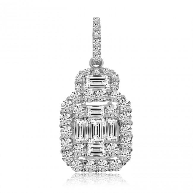 14K White Gold Baguette and Round Diamonds Large Cushion Pendant