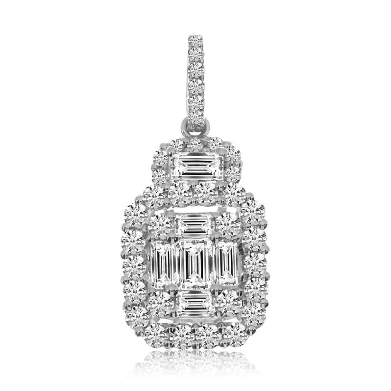 14K White Gold Baguette and Round Diamonds Large Cushion Pendant