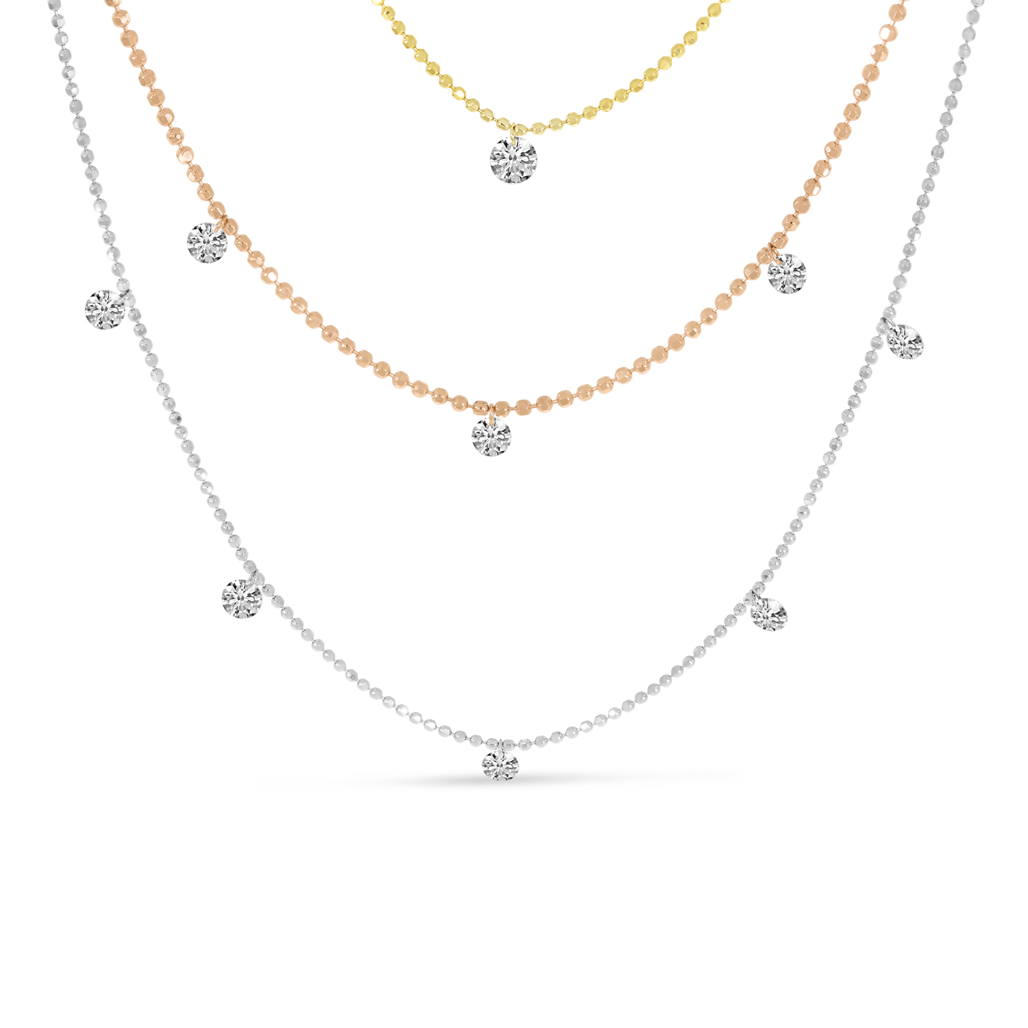 14K Multi Gold Triple Chain Convertible Dashing Diamonds Necklace