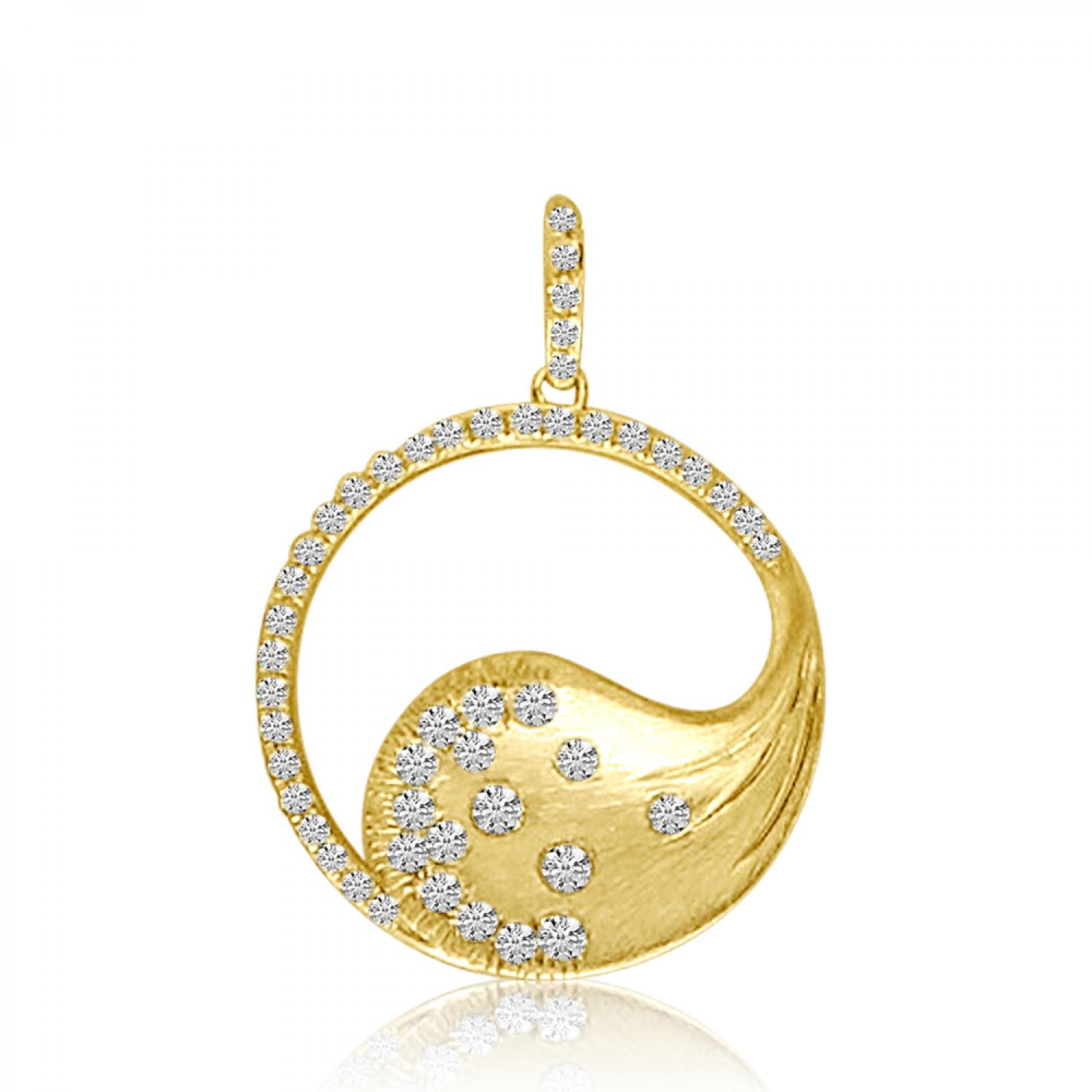 14K Yellow Brushed Gold Round Fashion Diamond Pendant