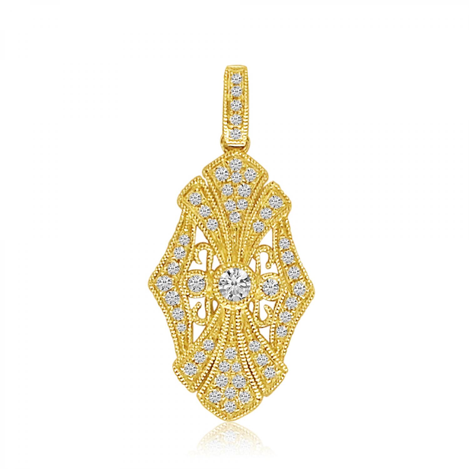 14K Yellow Gold Art Deco Diamond Fashion Pendant