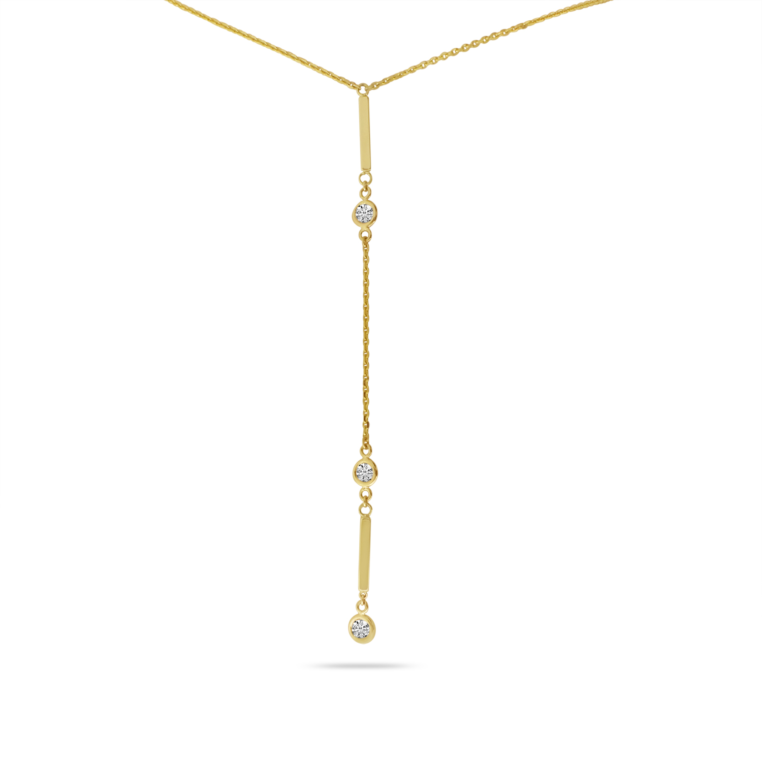 14K Yellow Gold Bar Diamond Bezel Lariat Necklace
