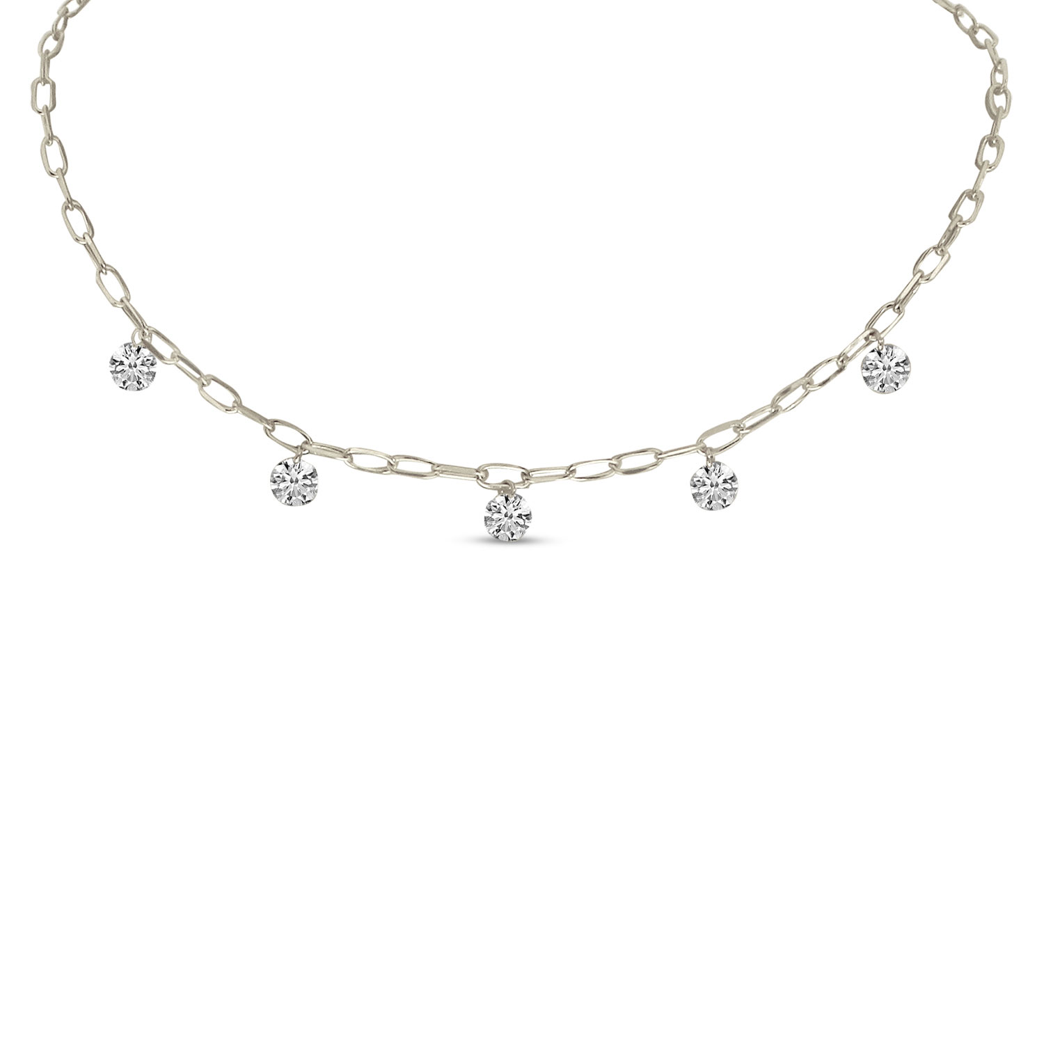 14K White Gold Dashing Diamond 5 Stone Lightweight Link Necklace