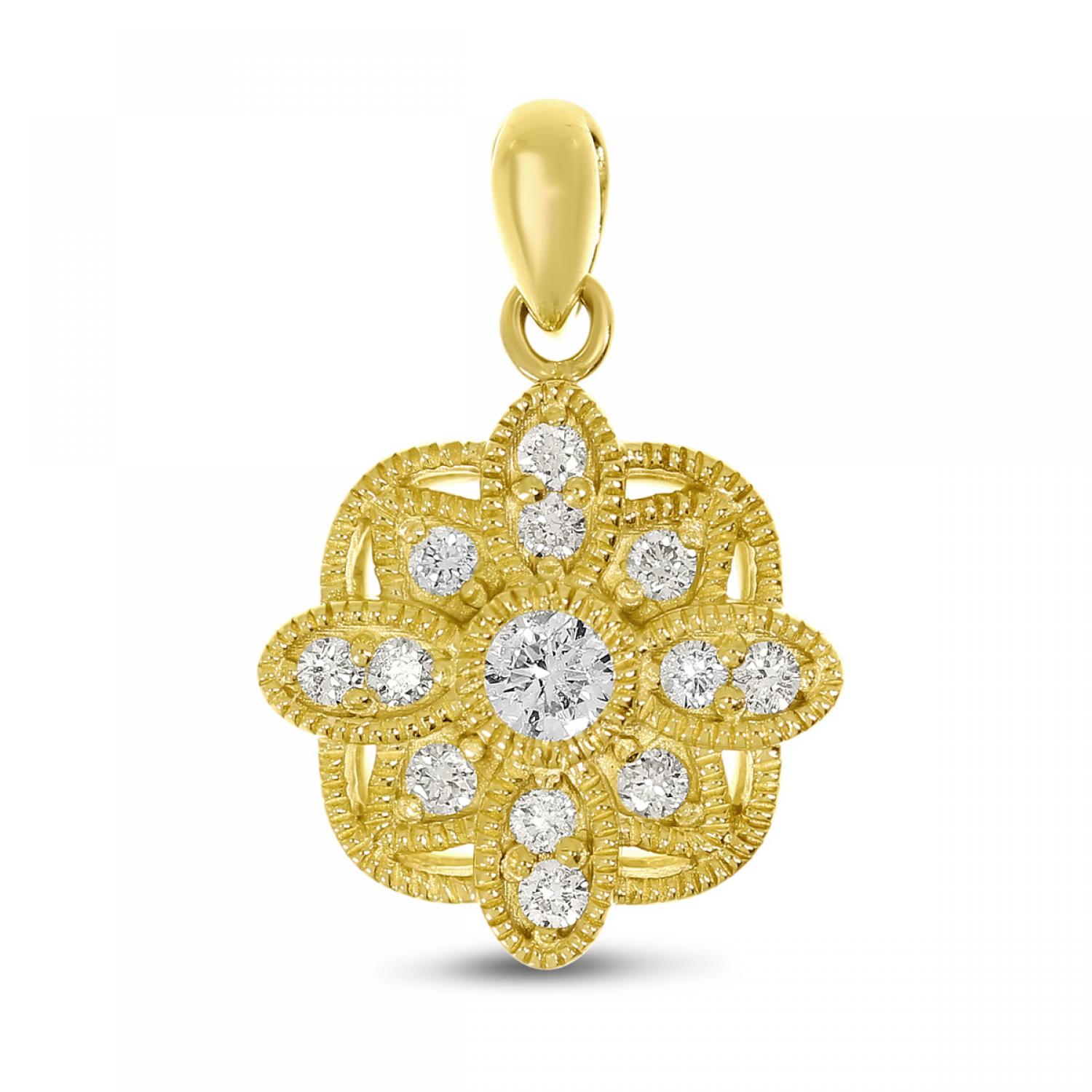 14K Yellow Gold Diamond Millgrain Floral Pendant