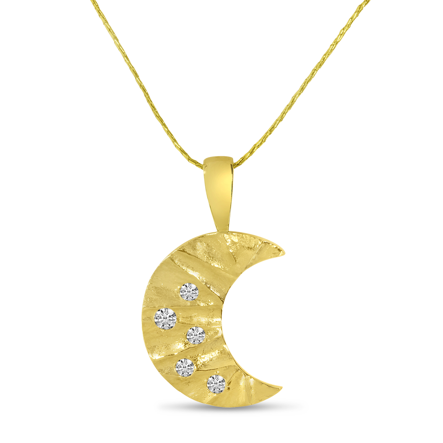 14K Yellow Gold Brushed Diamond Moon Pendant
