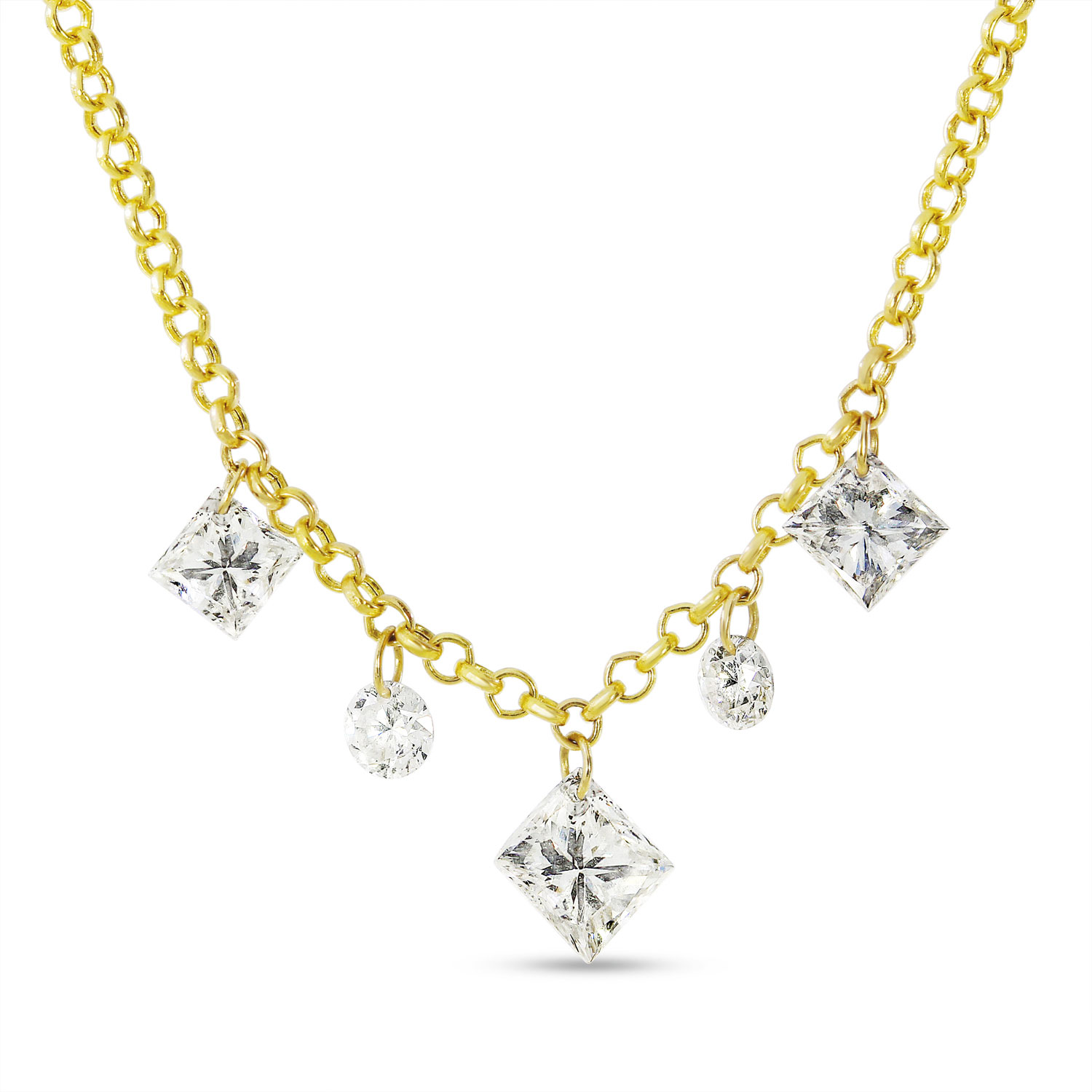 14K Yellow Gold Dashing Diamond Fancy Princess and Round Diamonds Cable Chain Necklace