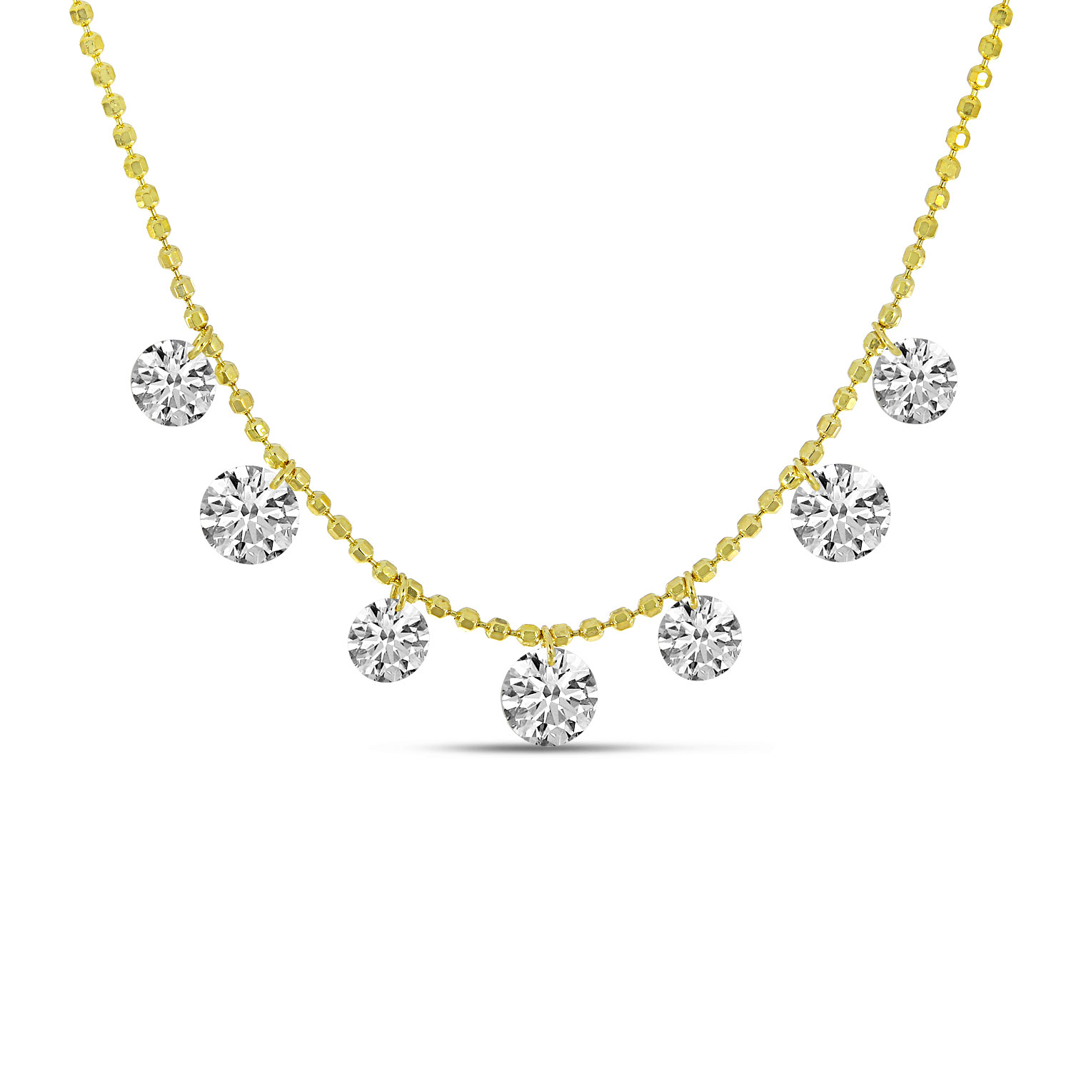 14K Yellow Gold 1.35 Ct Dashing Diamond 7 Stone Necklace on Bead Chain 