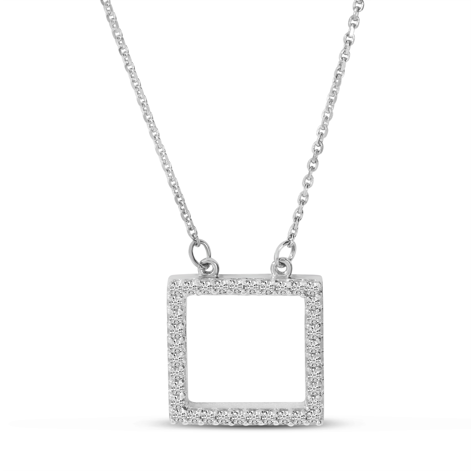 14K White Gold Diamond Open Square Necklace
