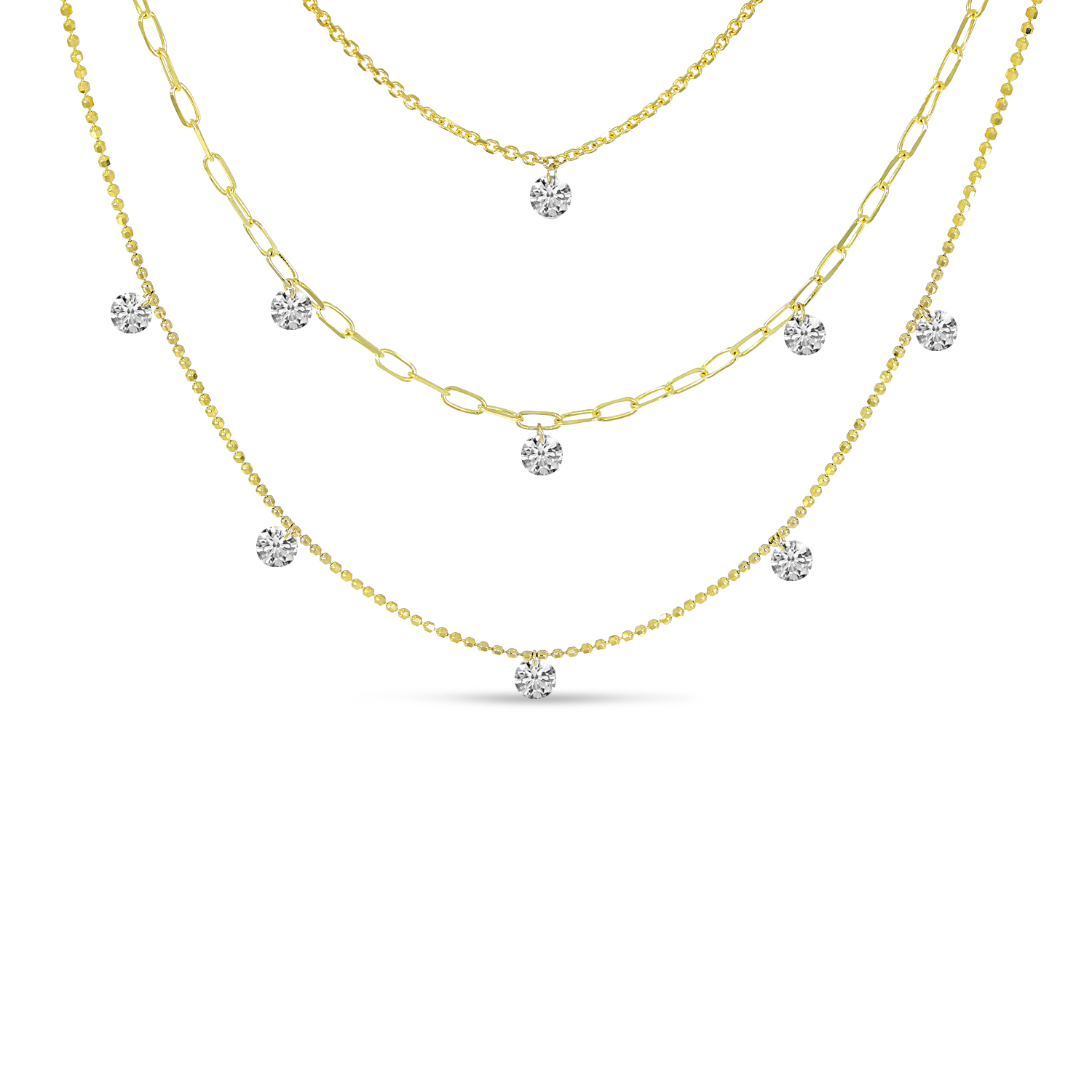 14K Yellow Gold Triple Dashing Diamonds Multi-Chain Necklace