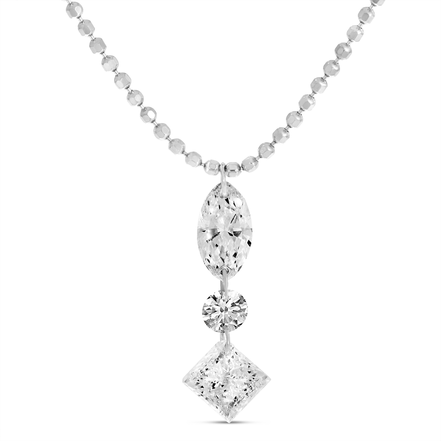 14K White Gold Dashing Diamonds Marquis Princess Cut Drop Necklace