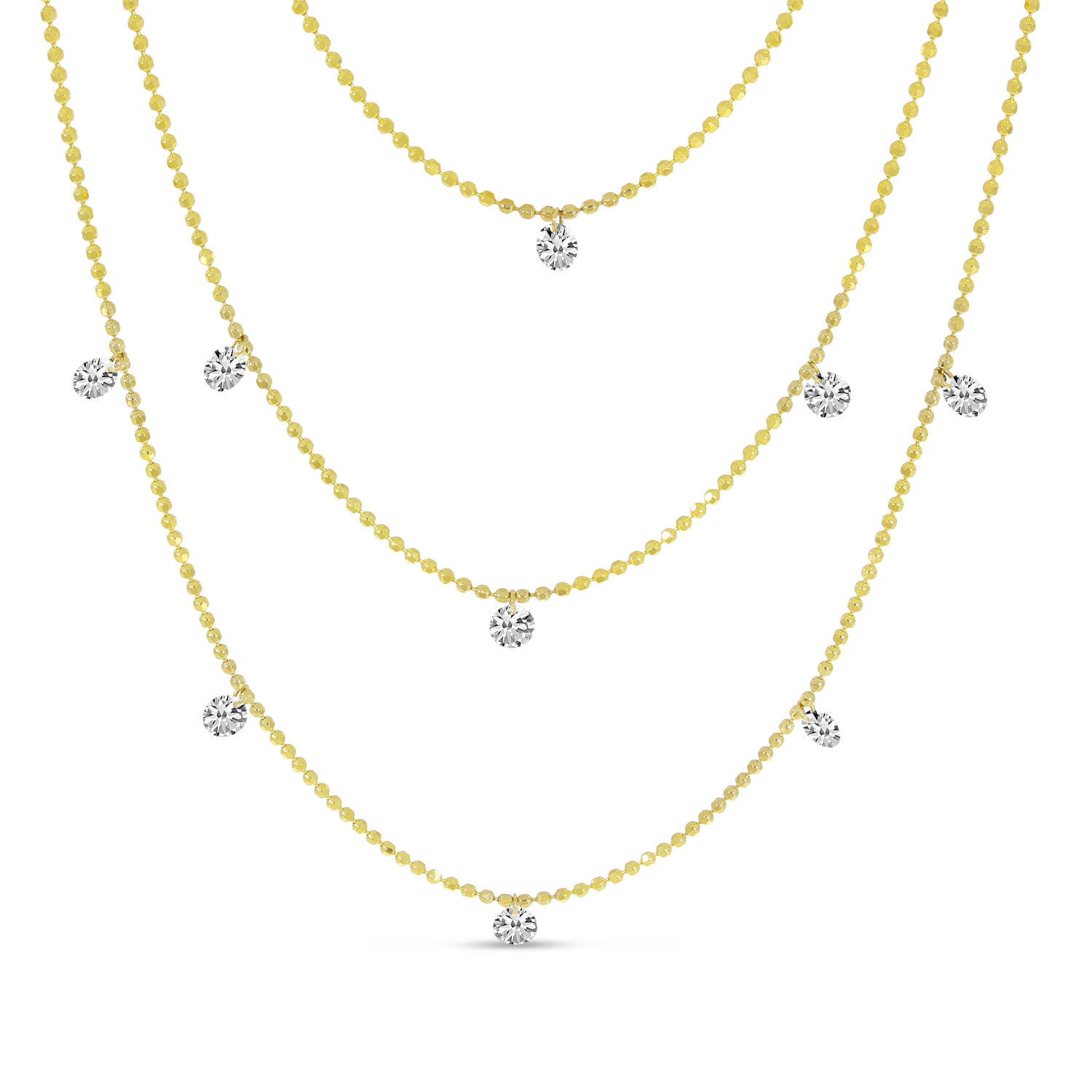 14K Yellow Gold Triple Chain Dashing Diamonds Necklace