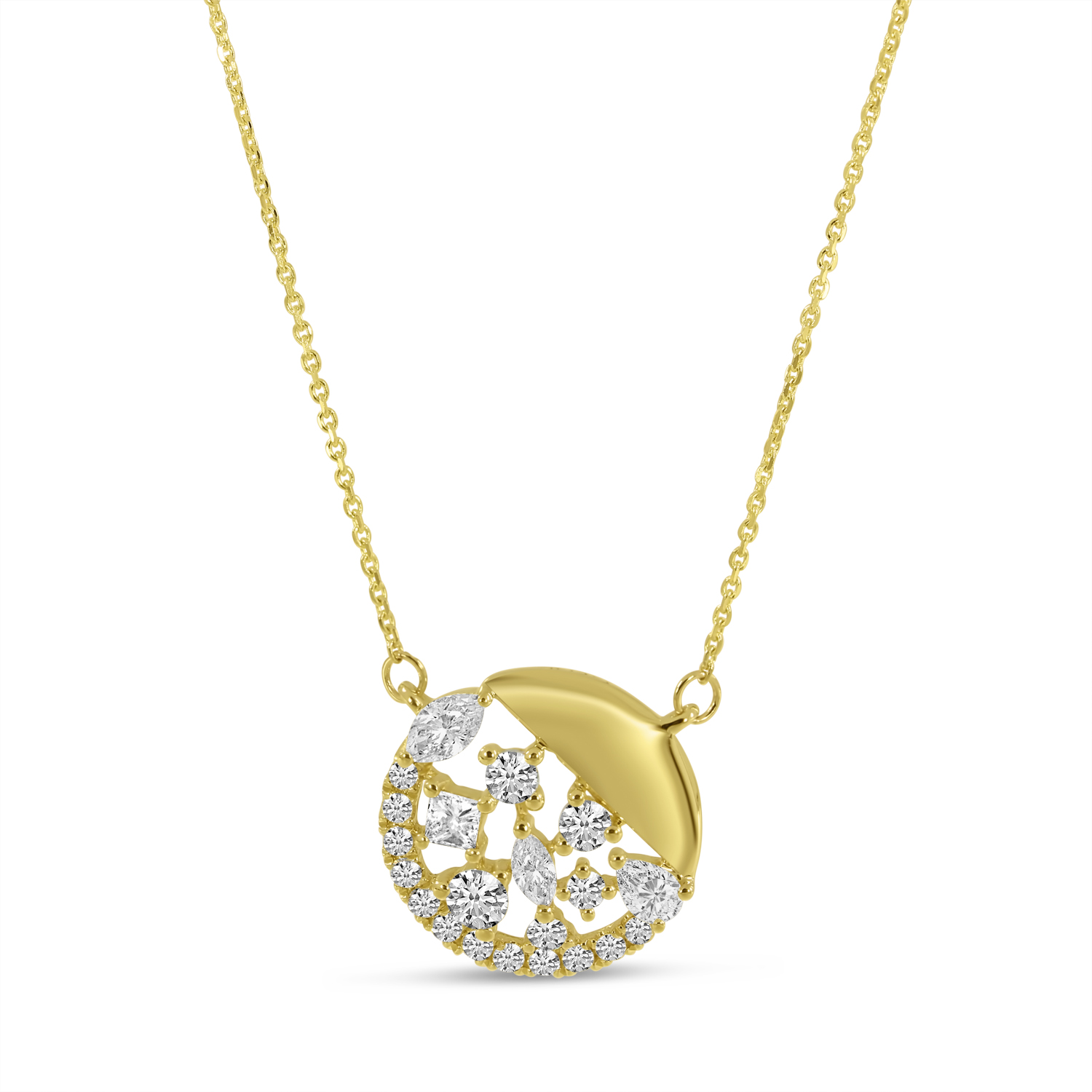 14K Yellow Gold Diamond Cluster Circle Necklace
