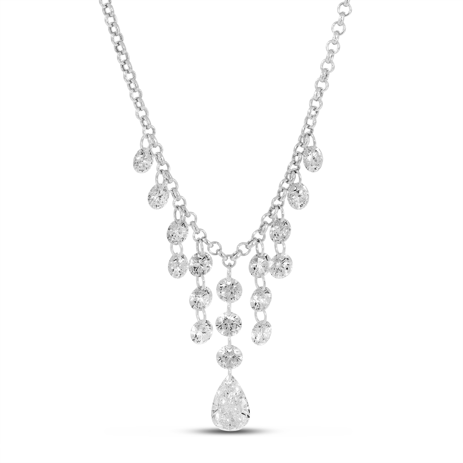 14K White Gold Dashing Diamond Cleopatra Cascading Pear Drop Necklace