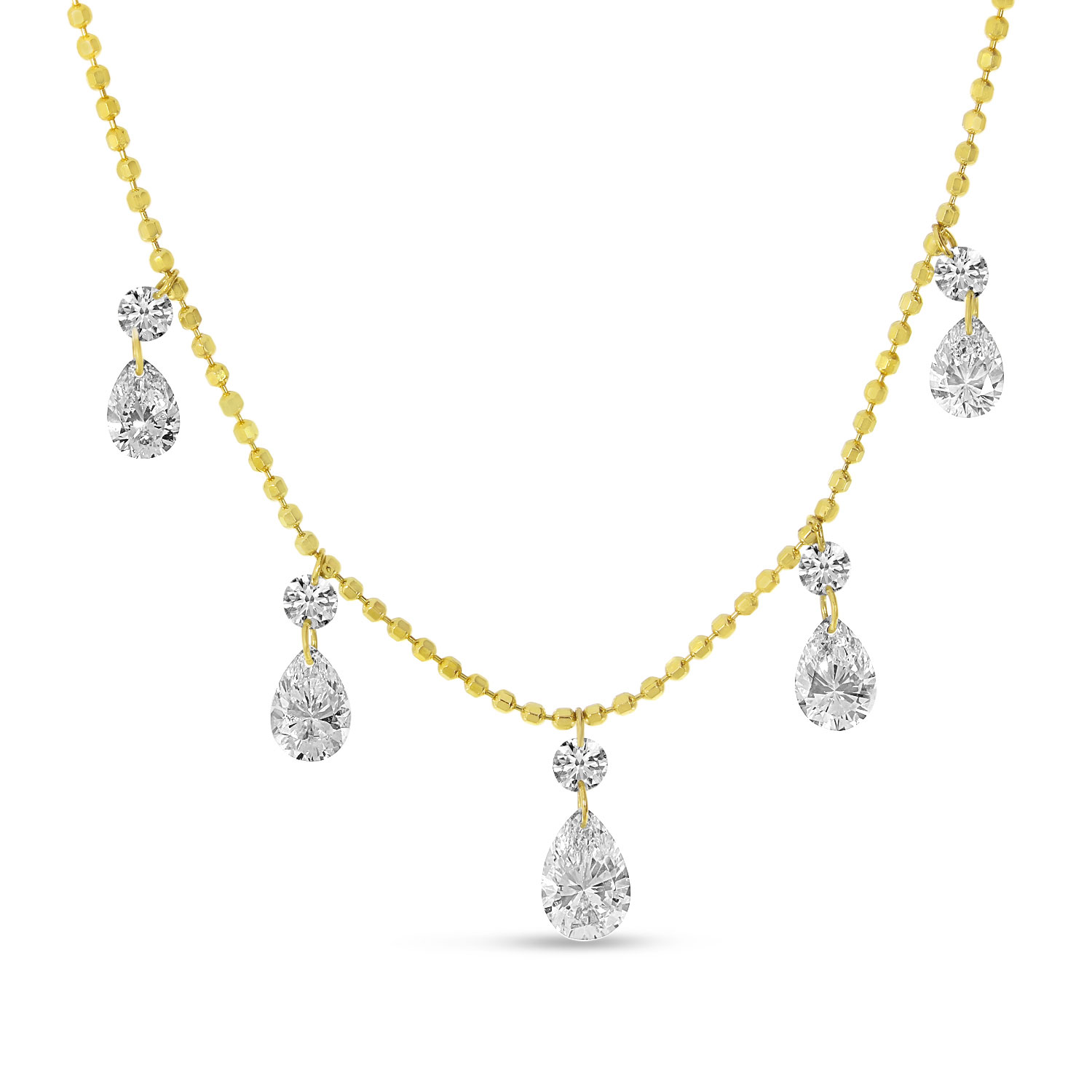 14K Yellow Gold Dashing Diamond Round and Pear Shape Diamonds Necklace on Bead Chain
