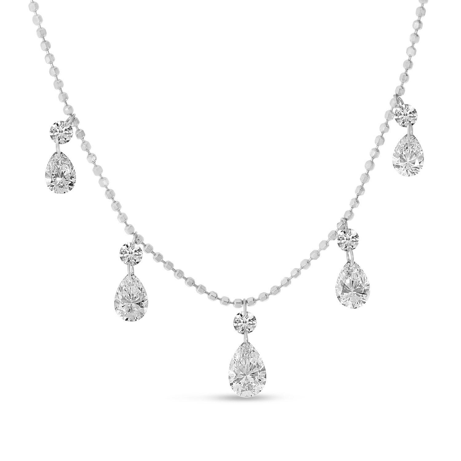 14K White Gold Dashing Diamond Round and Pear Shape Diamonds Necklace on Bead Chain