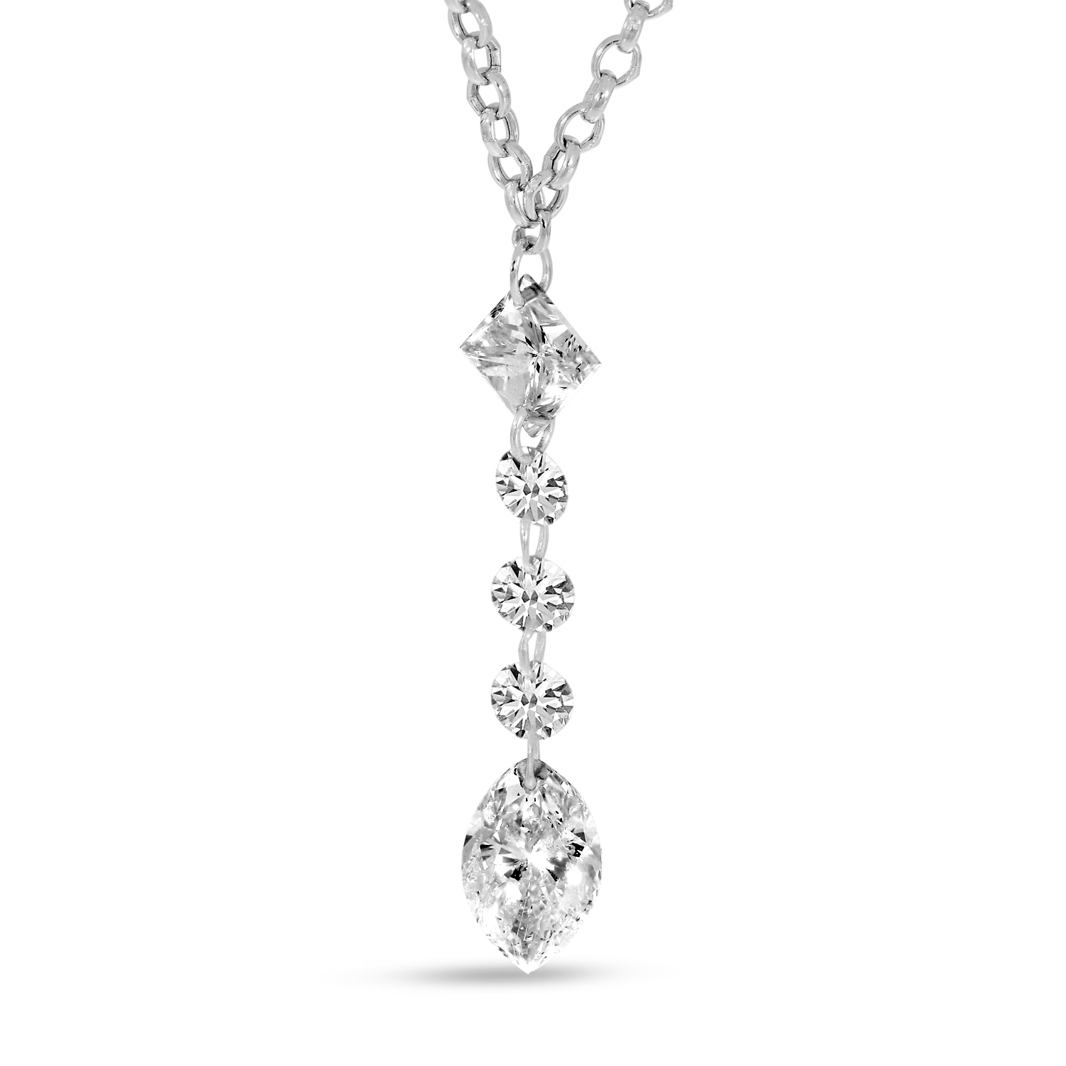 14K White Gold Dashing Diamond Round Marquise Drop Necklace