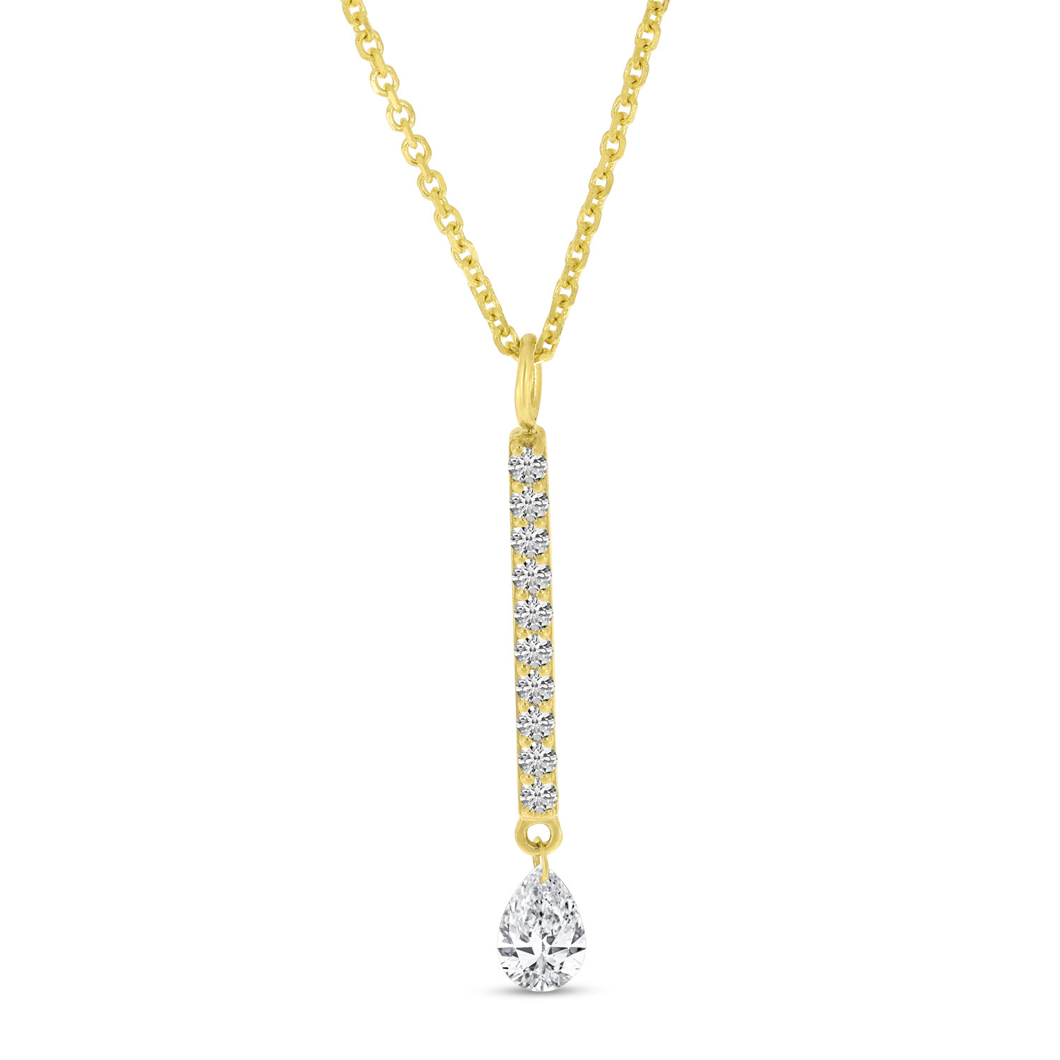 14K Yellow Gold Dashing Diamond Bar with Pear Dangle Diamond Cable Chain Necklace