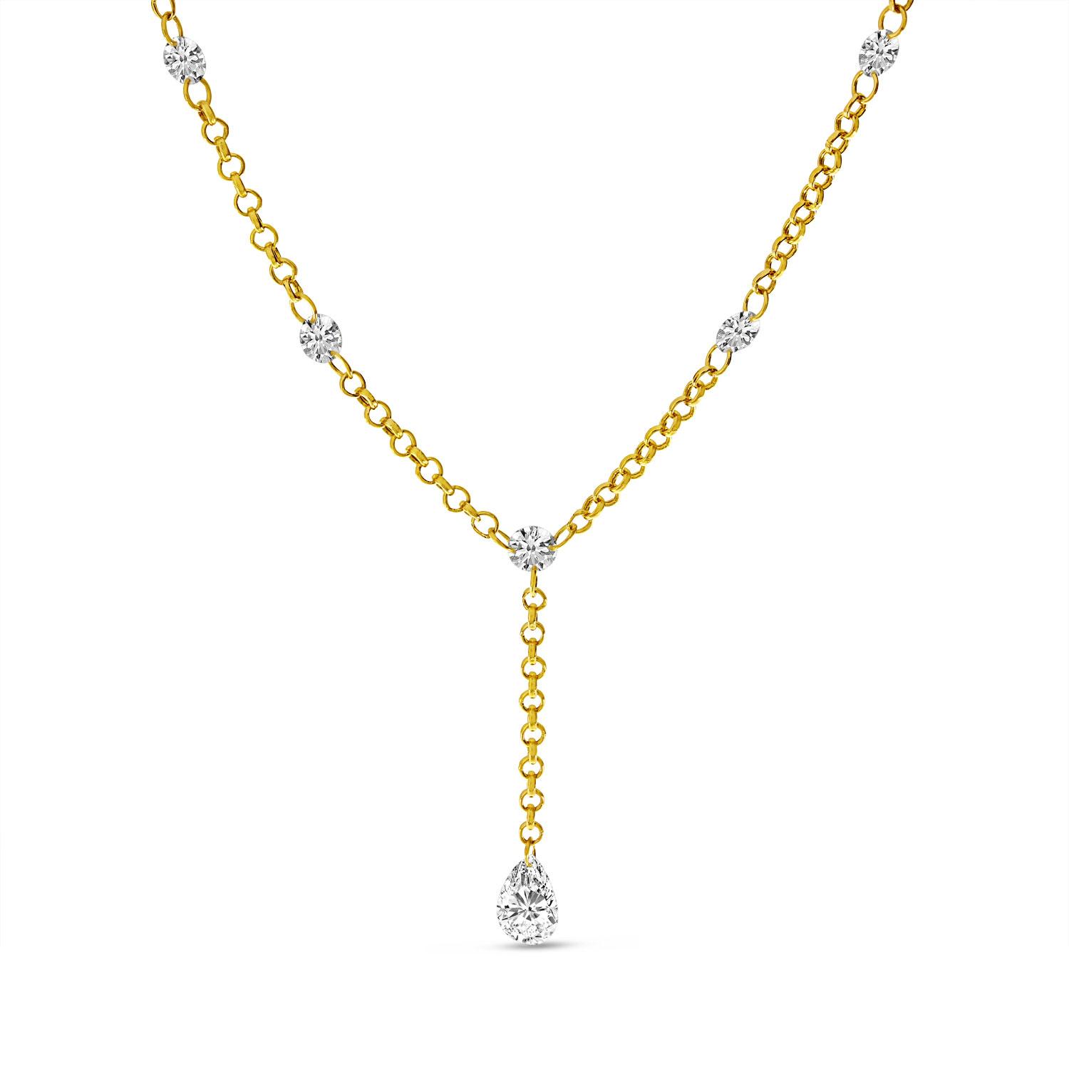 14K Yellow Gold Round and Pear Shaped Dashing Diamonds Lariat Necklace