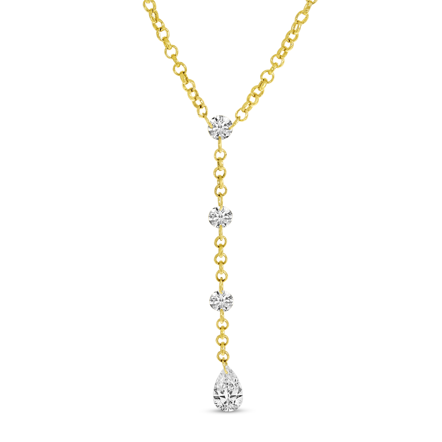 14K Yellow Gold Dashing Diamond .54 Ct Round and Pear 18 inch  Lariat Necklace