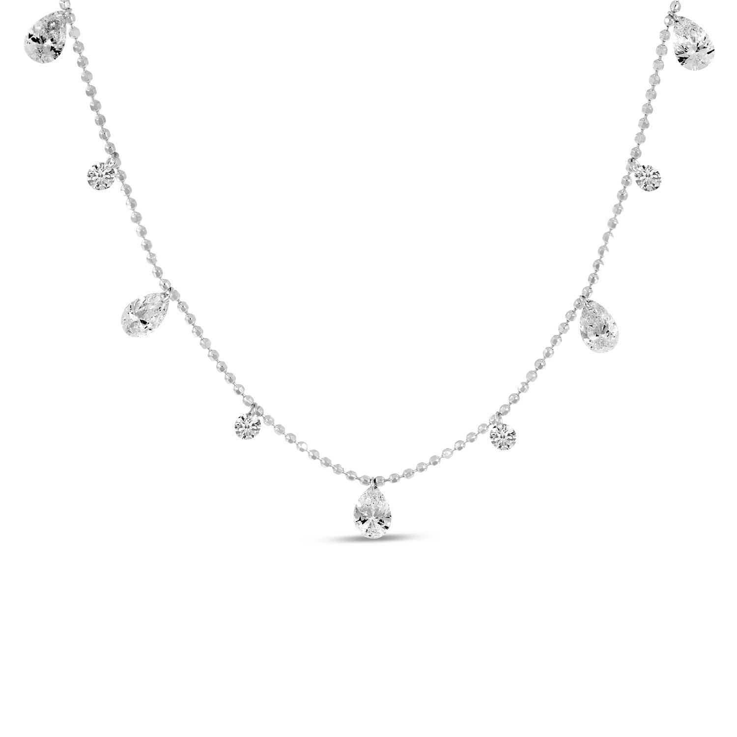 14K White Gold Dashing Diamond Alternating Pear and Round Diamond Station 18 inch Necklace