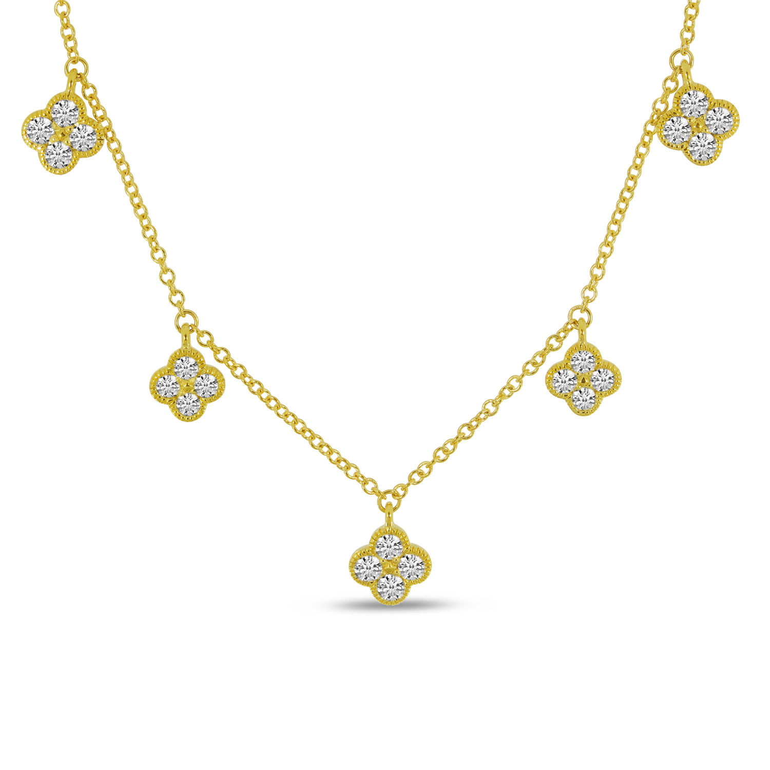 14K Yellow Gold Diamond Stationed Clover 18 inch Necklace