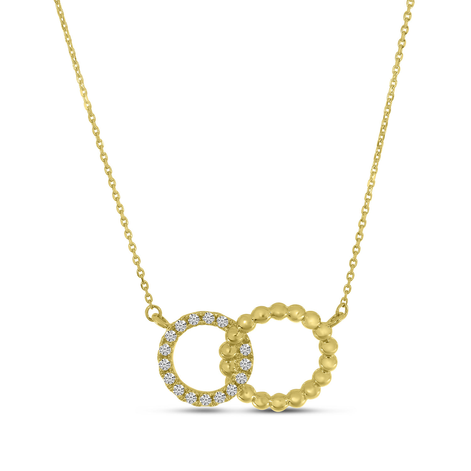 14K Yellow Gold Diamond Beaded Interlocking Circles Necklace