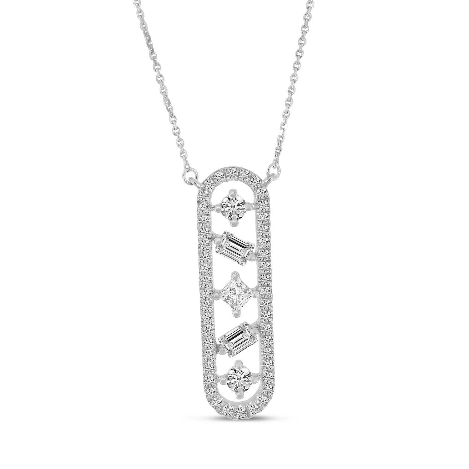14K White Gold Fancy Shapes Diamond Bar 18 inch Necklace