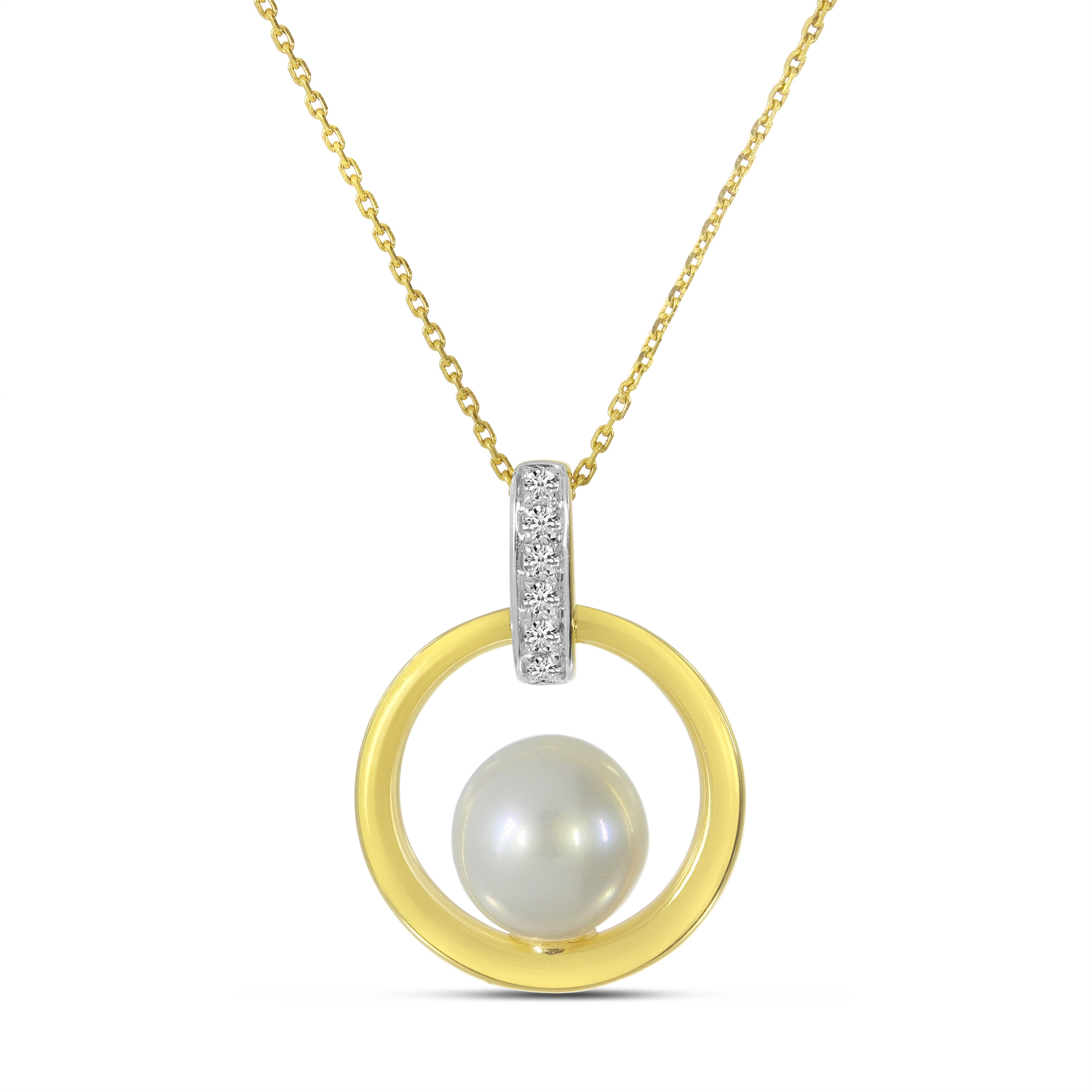 14K Yellow Gold Pearl and Diamond Frontal Hoop Pendant 