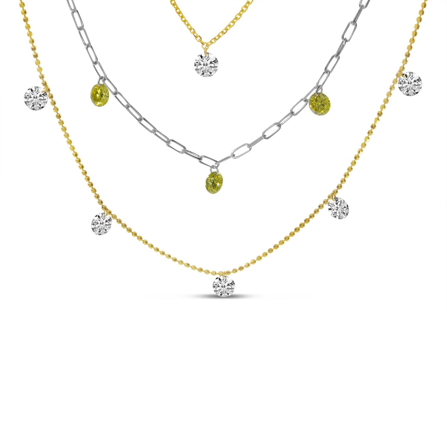 14K Yellow Gold Triple Strand Dashing Diamonds Multi-Chain Necklace