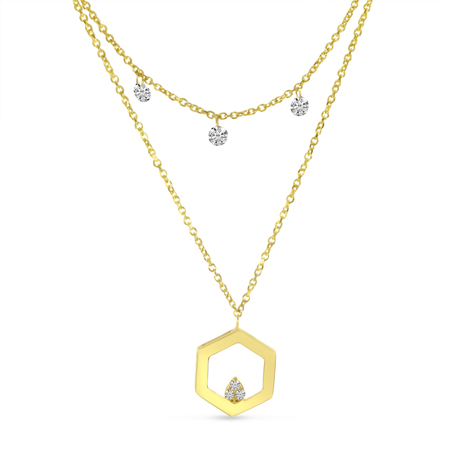 14K Yellow Gold Dashing Diamond Hexagon Double Layer Necklace