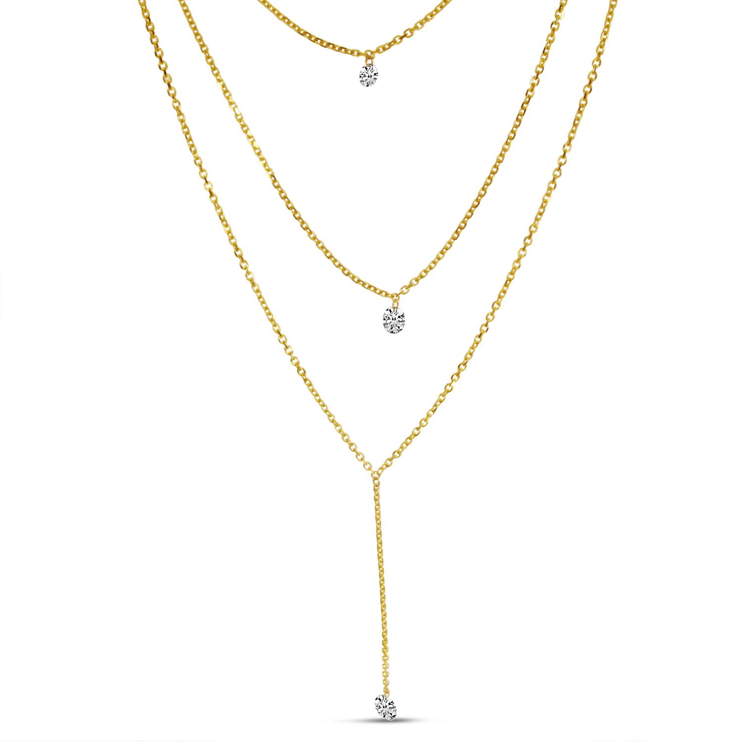14K Yellow Gold Dashing Diamond Triple Chain Lariat Necklace