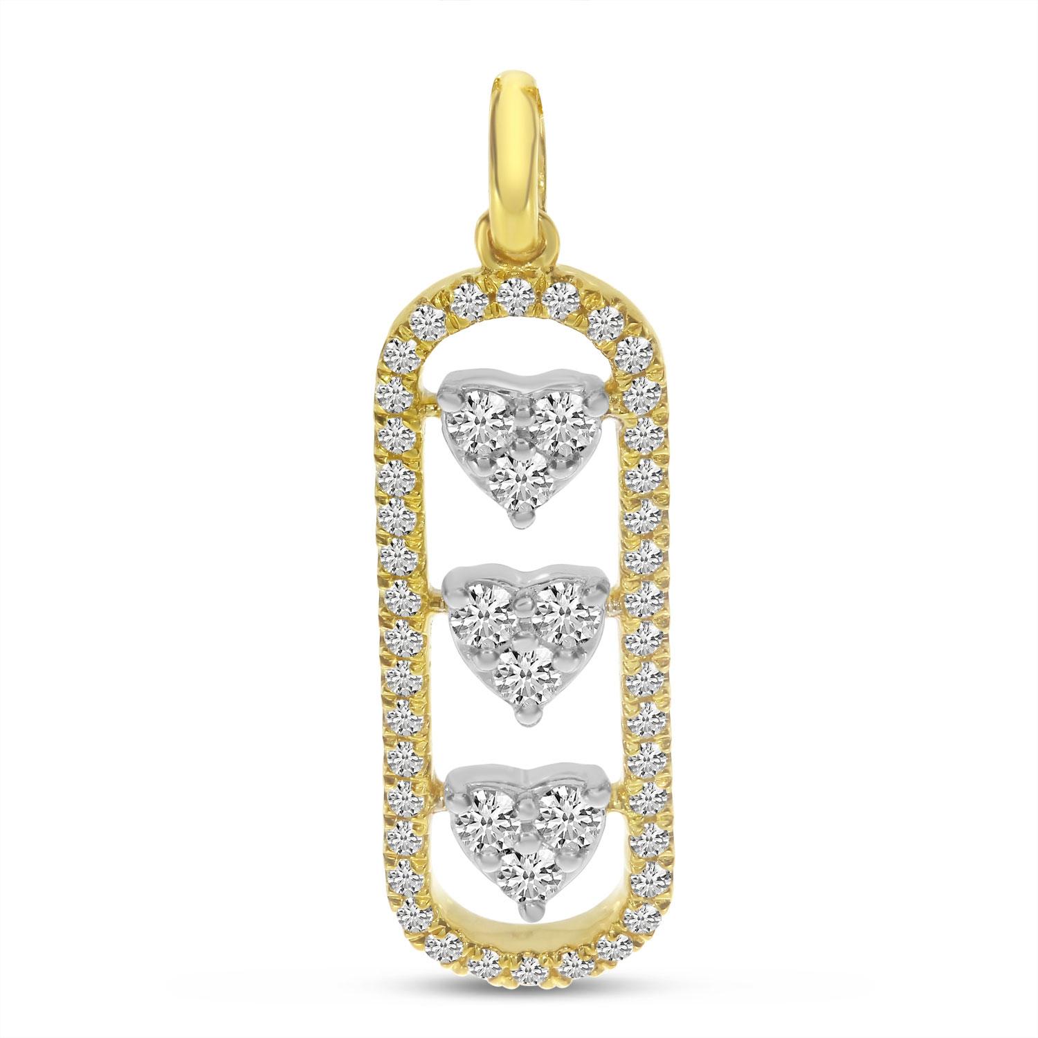 14K Two Tone Gold Diamond North to South Triple Heart Pendant
