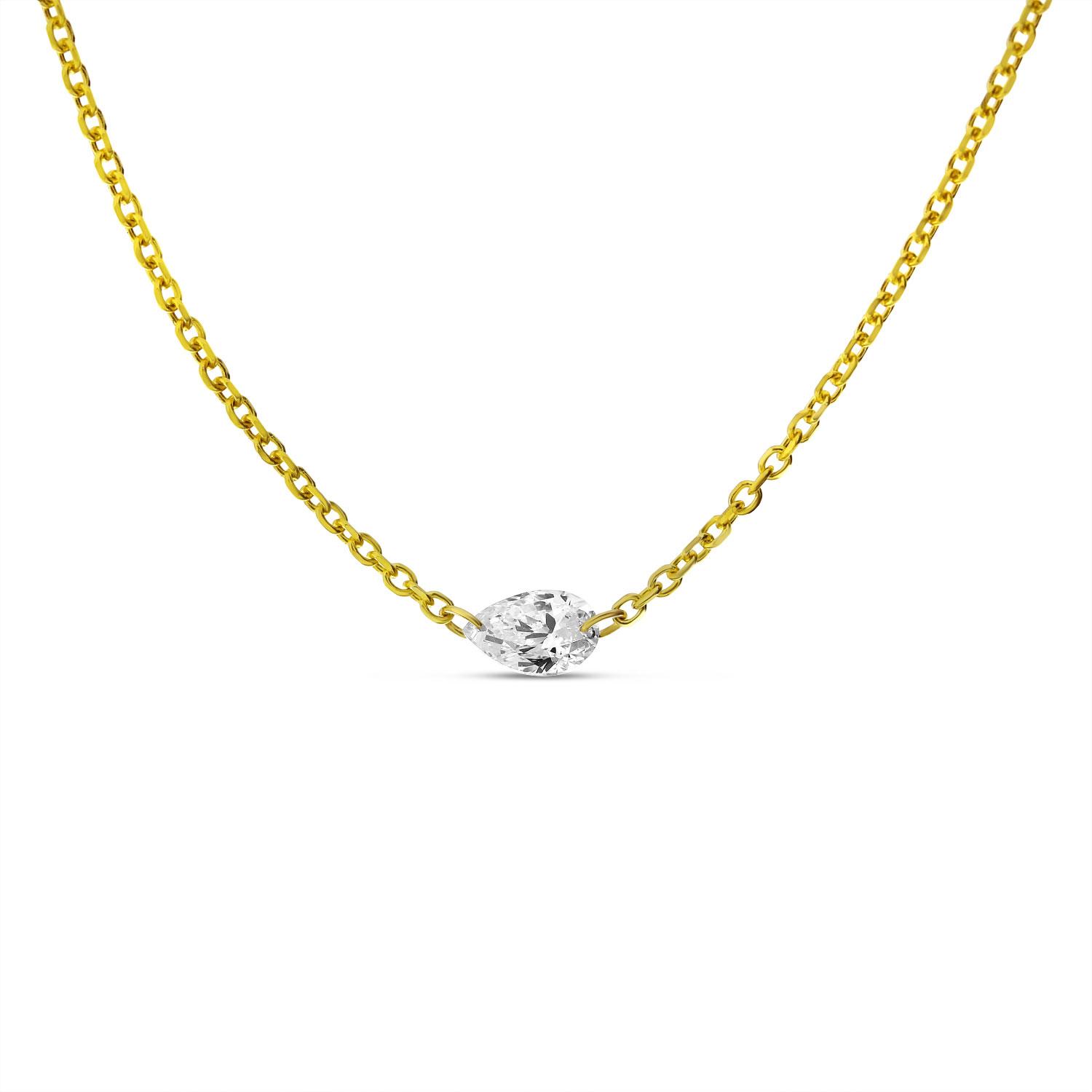 14K Yellow Gold Single .25 ct Pear Dashing Diamond 18 inch Cable Chain Necklace