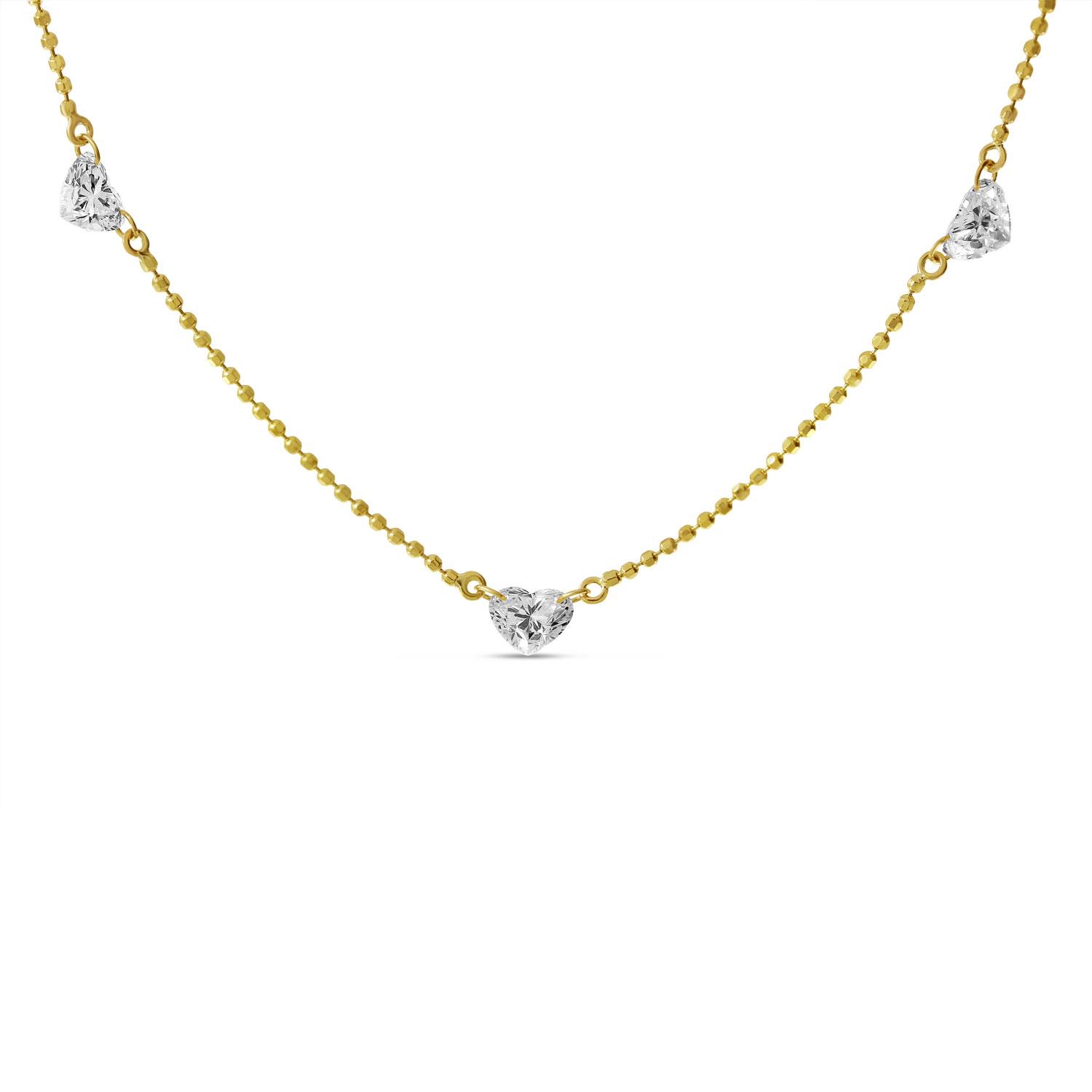 14K Yellow Gold Dashing Diamond Triple Heart .95 Ct Diamond Bead Chain Necklace