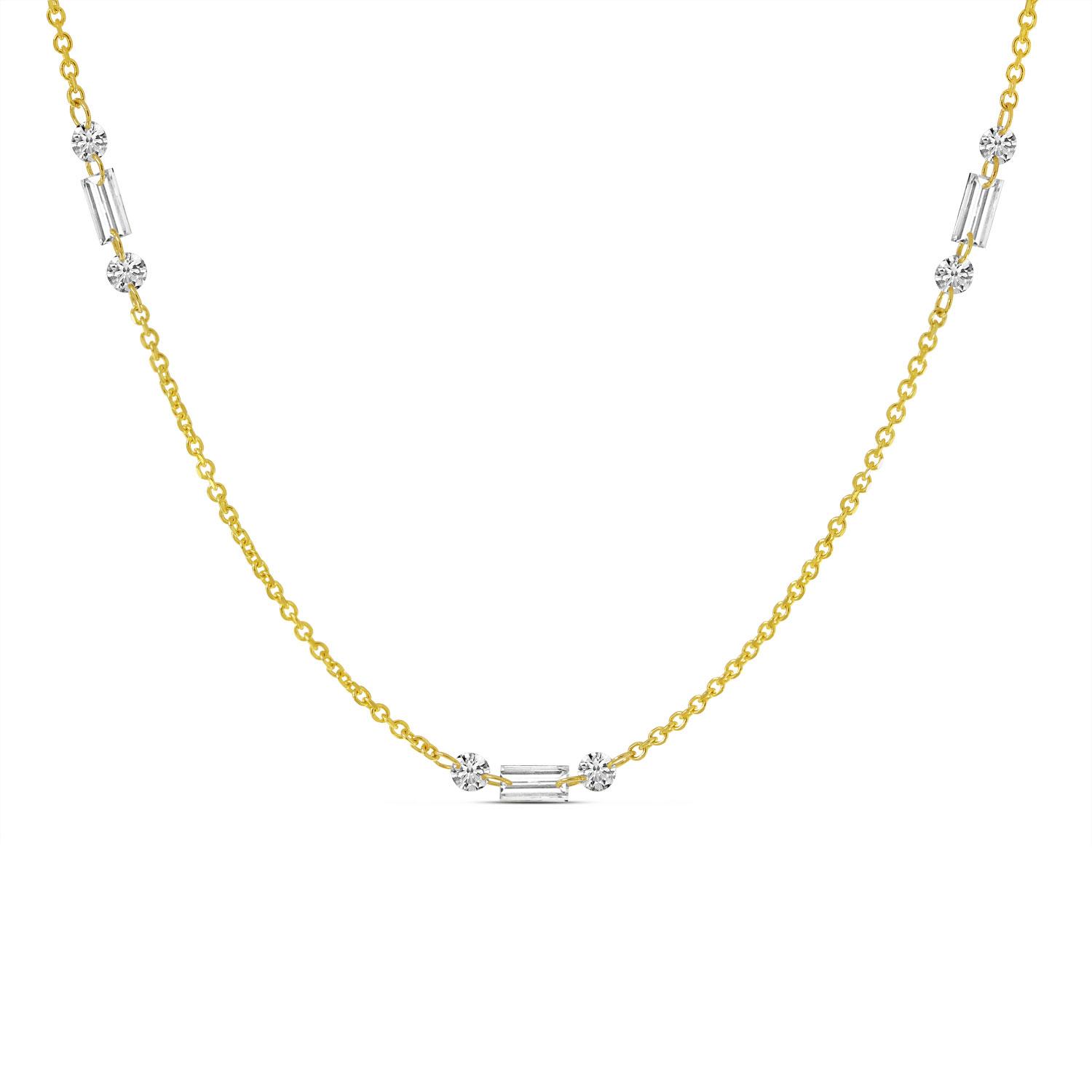 14K Yellow Gold Dashing Diamond Baguette and Round Diamond 3 Station Necklace