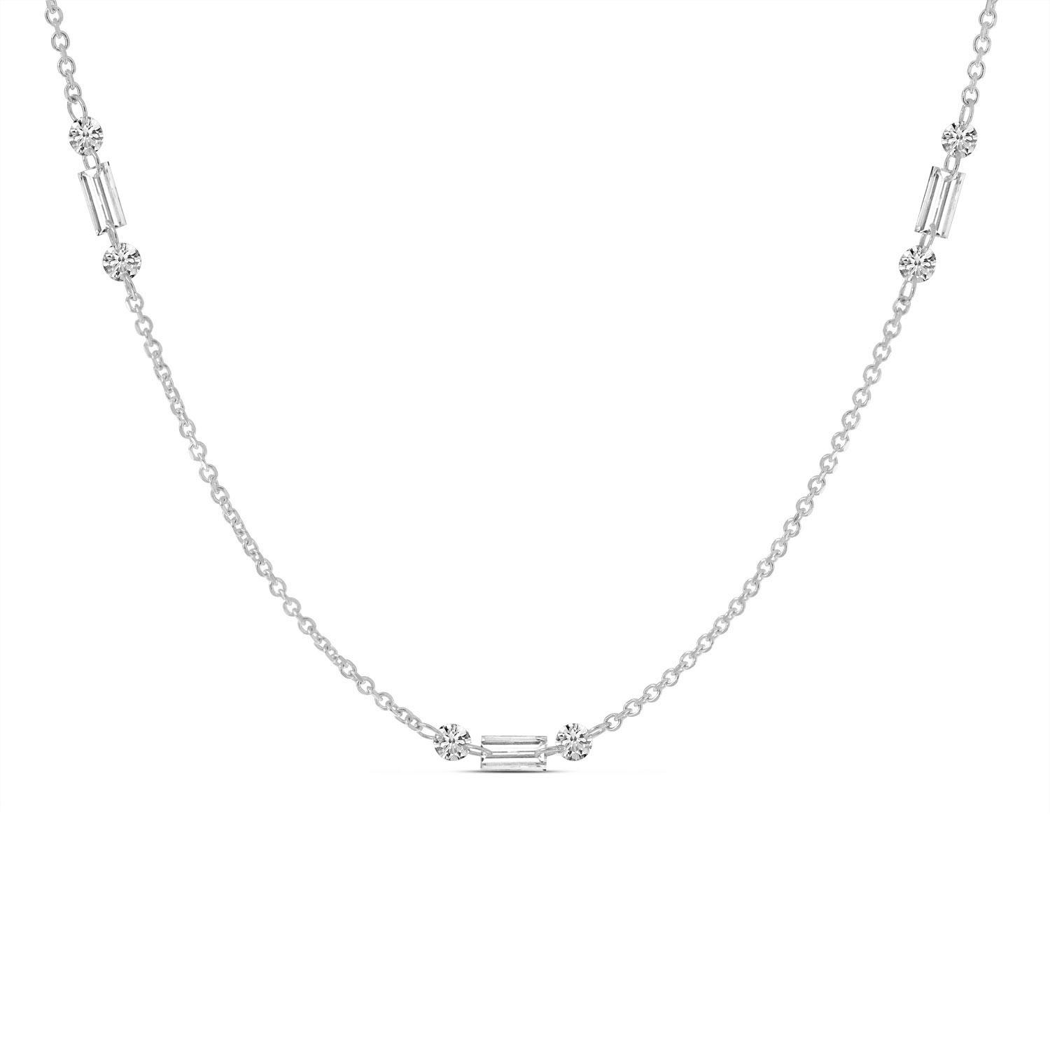 14K Yellow Gold Dashing Diamond Baguette and Round Diamond 3 Station Necklace