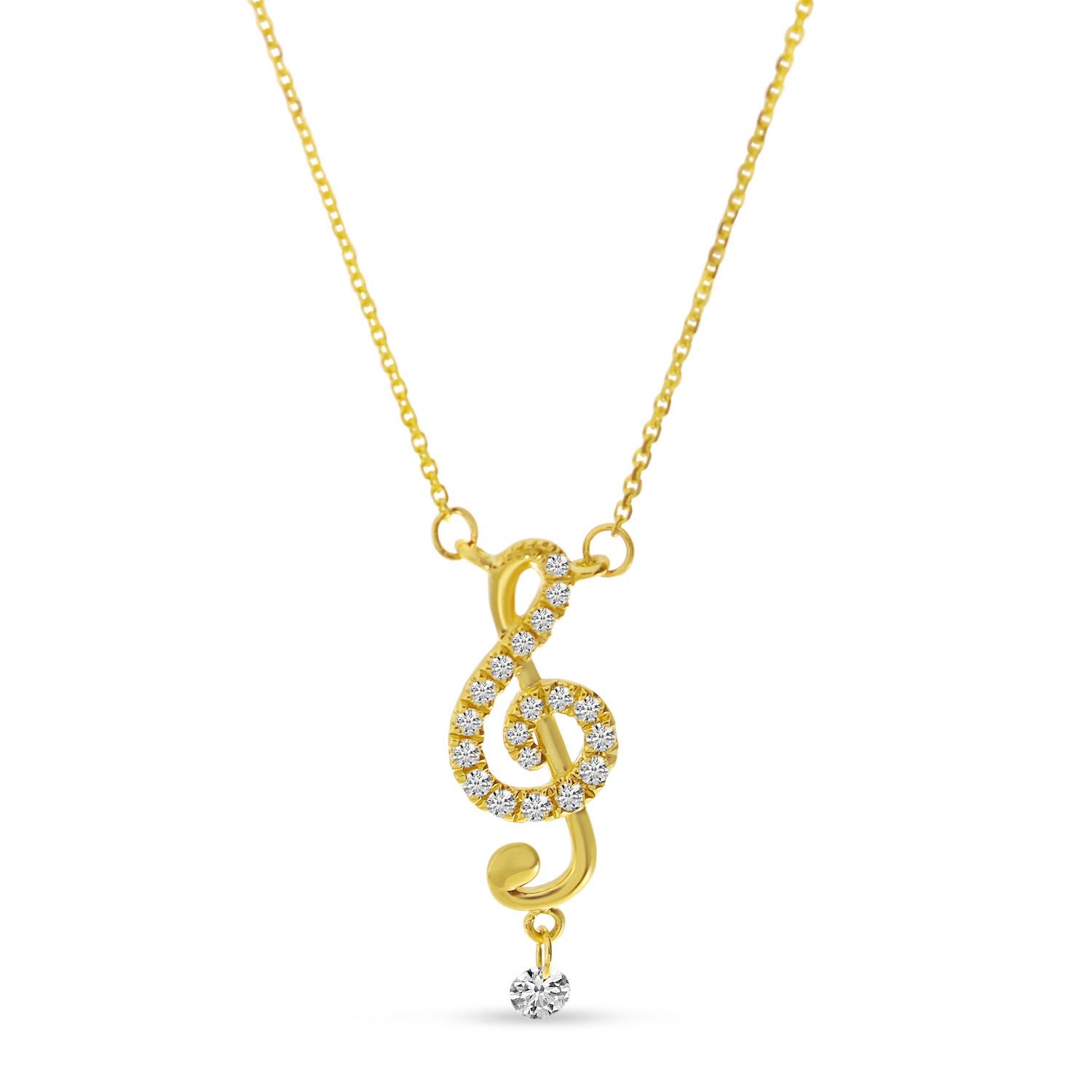 14K Yellow Gold Dashing Diamond Musical Note Diamond Necklace