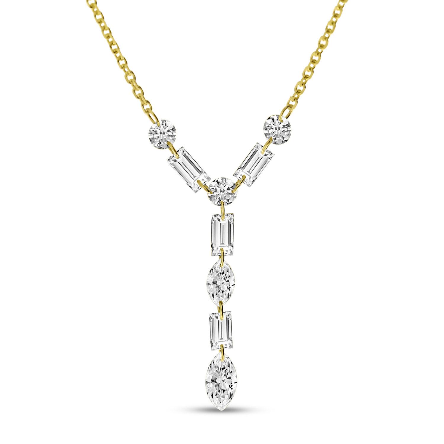14K Yellow Gold Dashing Diamond Baguette, Round and Marquise Diamond Lariat Necklace