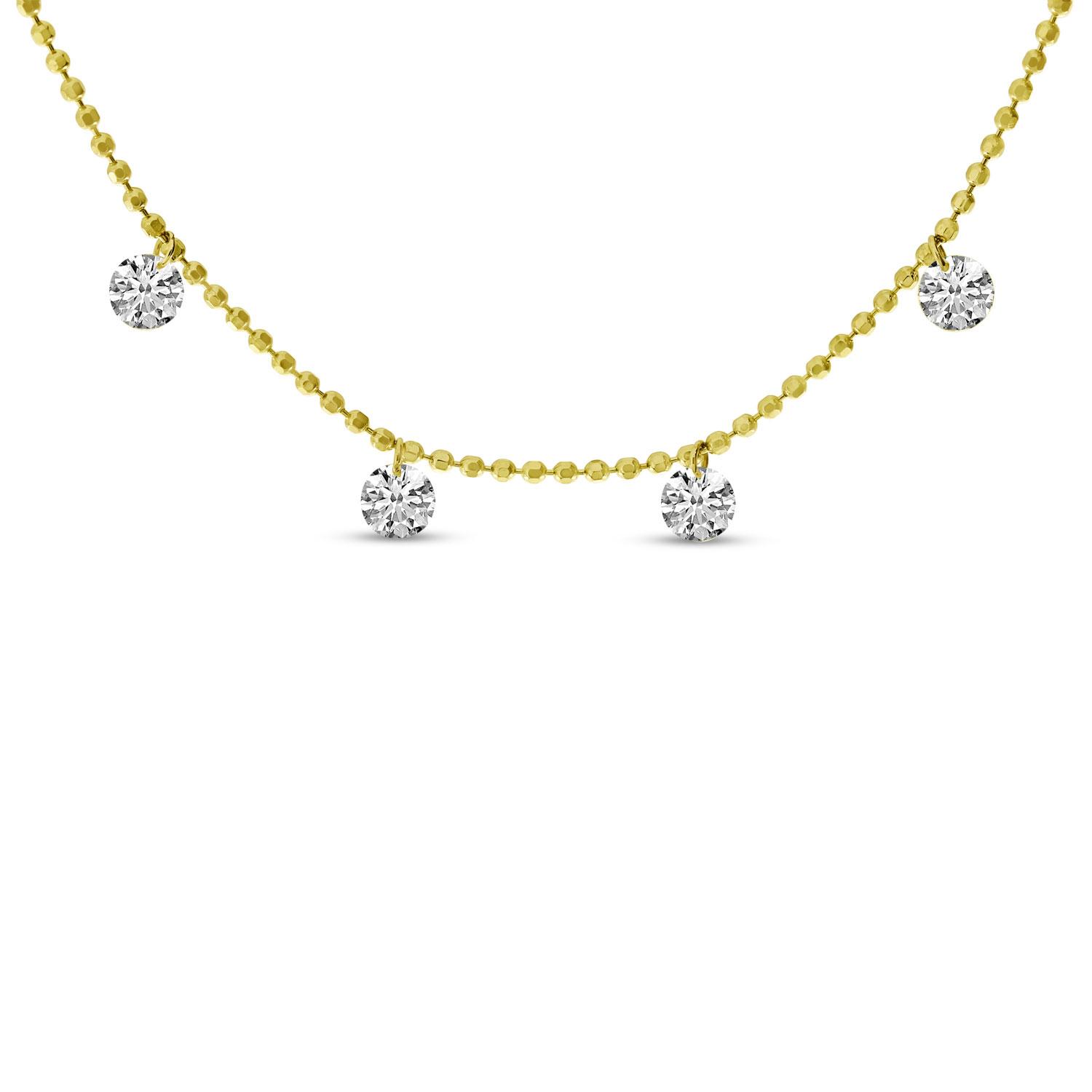 14K Yellow Gold 4 Diamond Dashing Diamond Bead Chain 18 inch Necklace