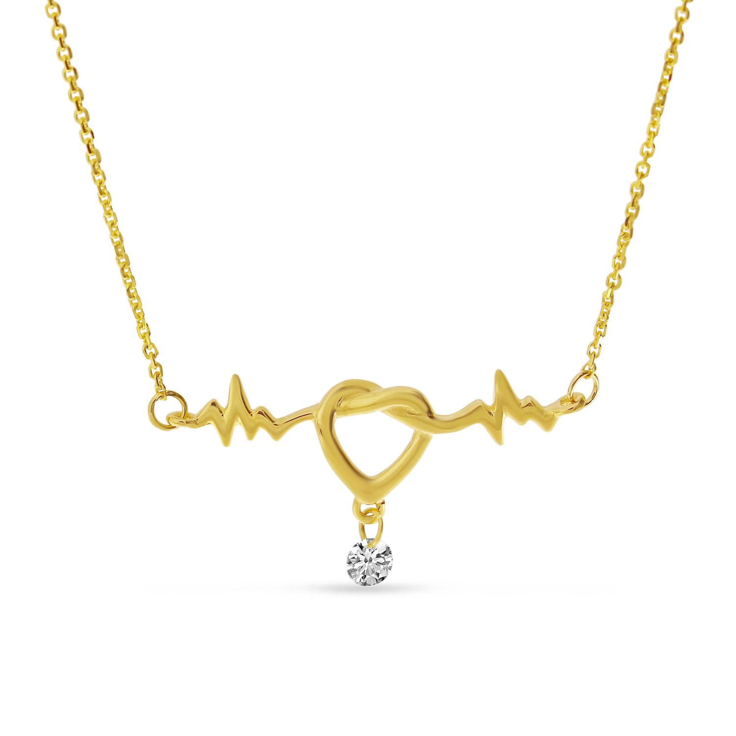 14K Yellow Gold Dashing Diamond Heartbeat Necklace