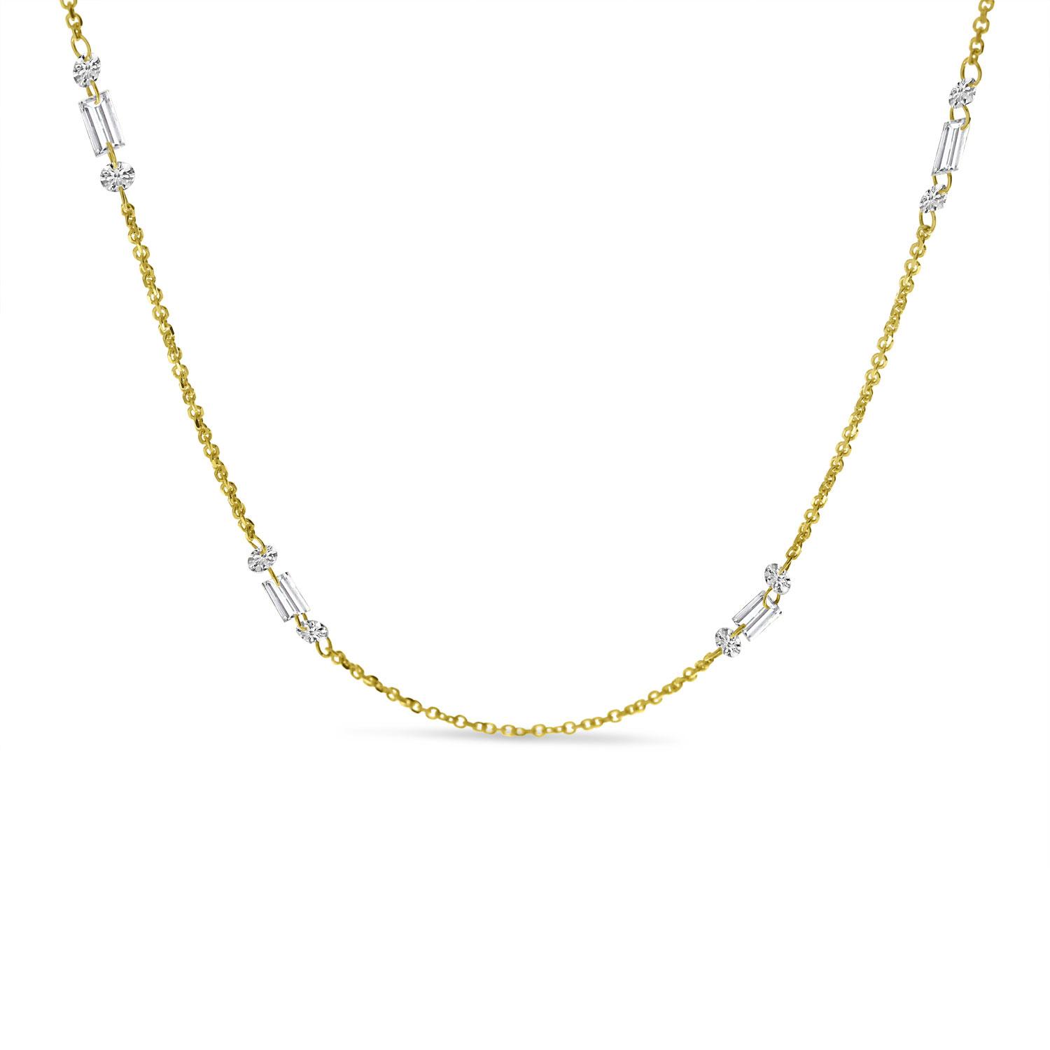 14K Yellow Gold Dashing Diamond Baguette and Round Diamond 4 Station Necklace