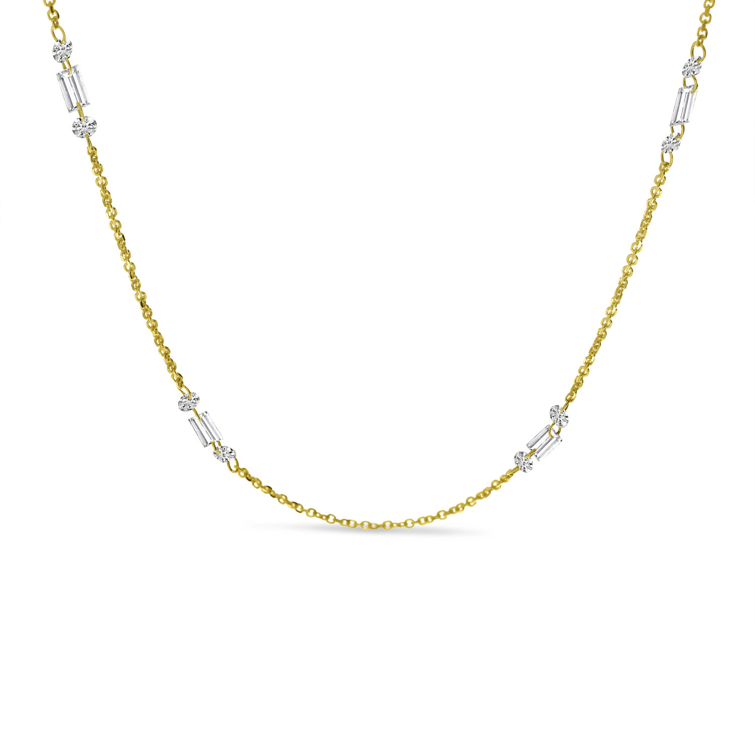 14K Yellow Gold Dashing Diamond Baguette and Round Diamond 4 Station Necklace