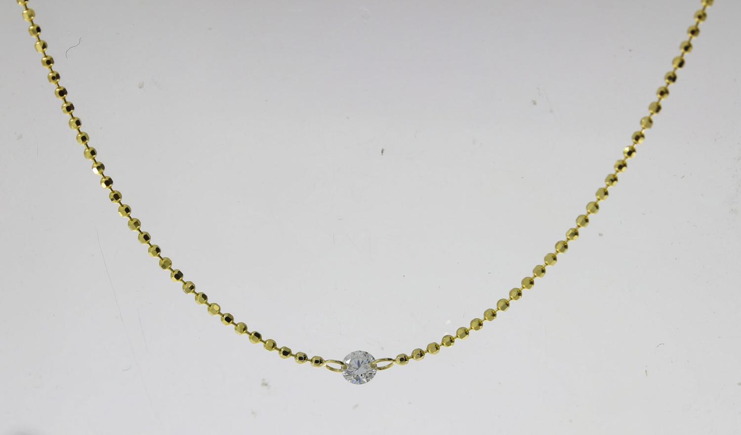 14K Yellow Gold Single Pierced Diamond 18 inch Bead Chain Necklace