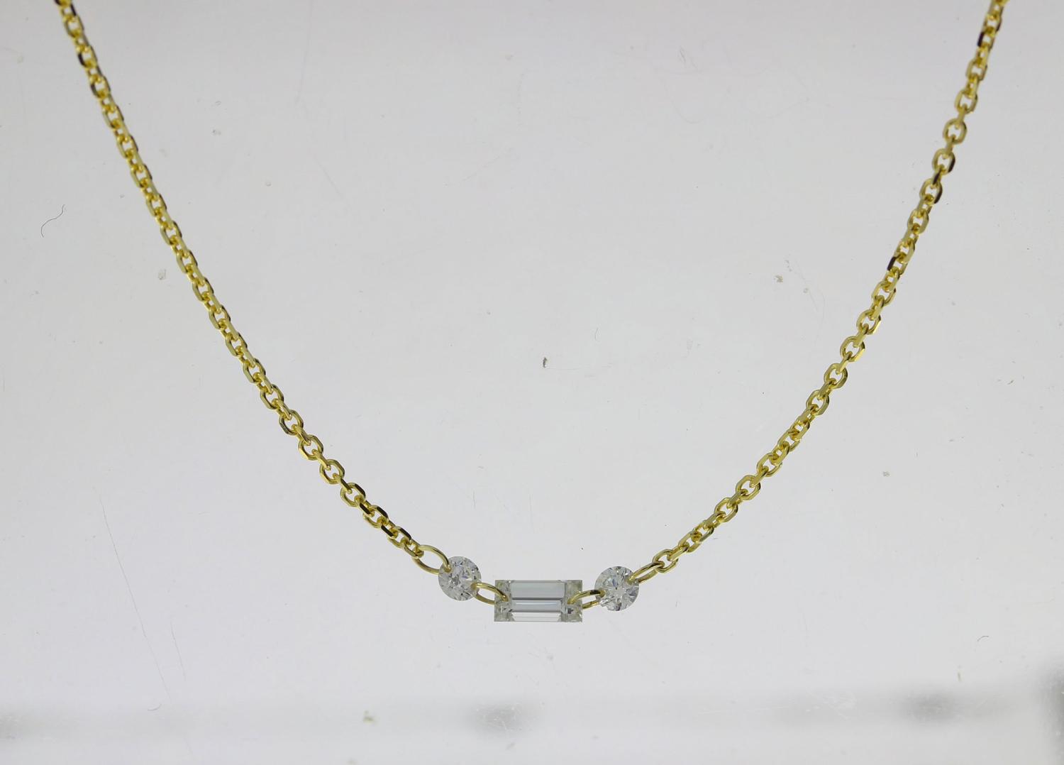 14K Yellow Gold Dashing Diamond Baguette and Round Diamond 1 Station Necklace