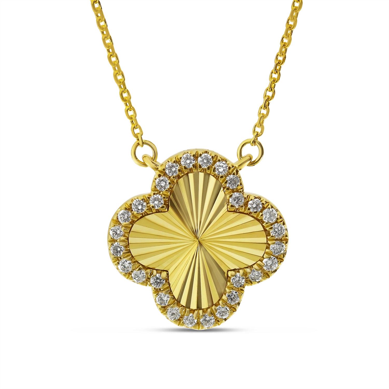 14K Yellow Gold Diamond Clover Fluted Necklace