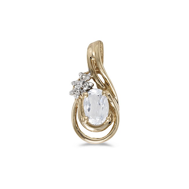 14k Yellow Gold Oval White Topaz And Diamond Teardrop Pendant